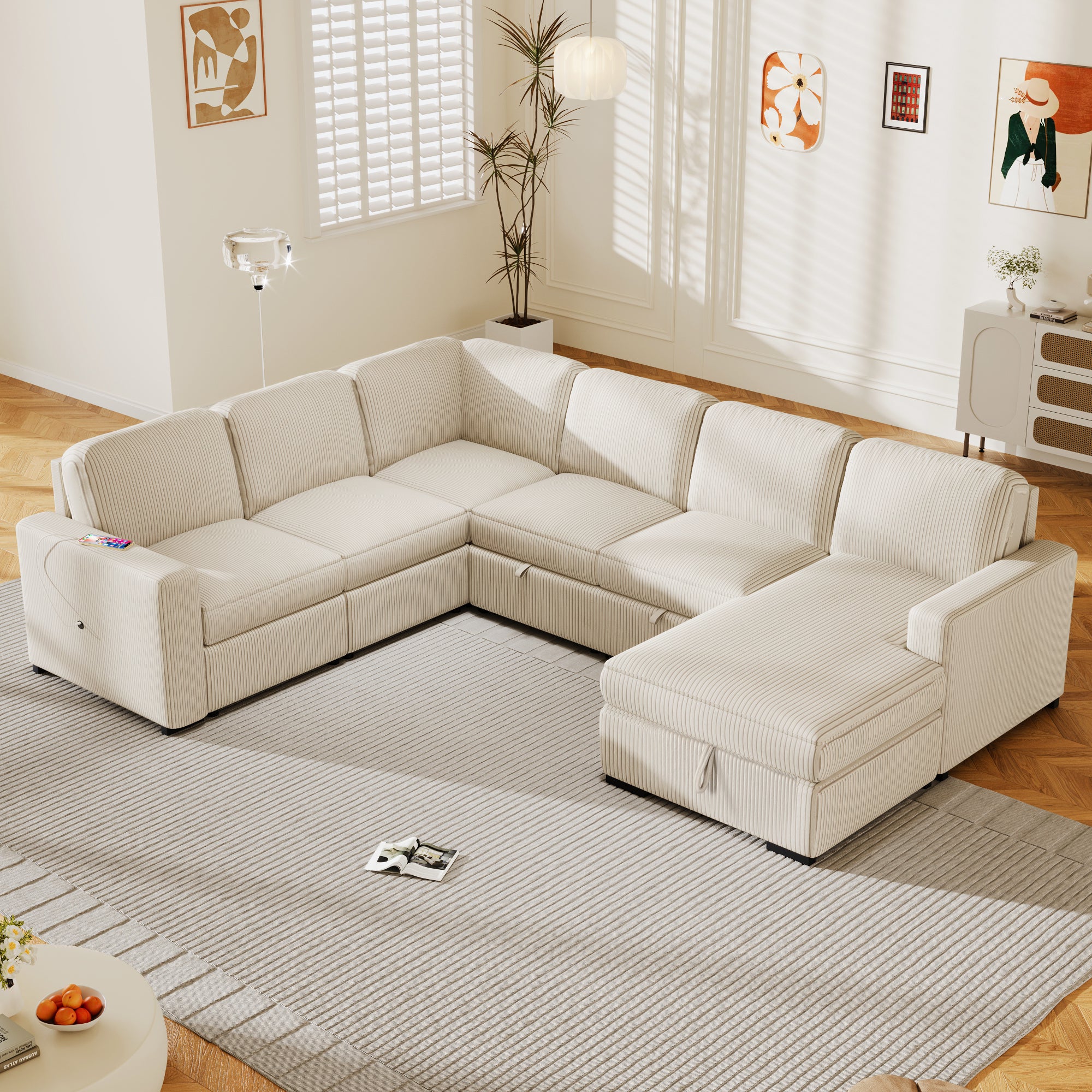 U-Style Corduroy U-Shaped 6-Seater Corner Sofa Storage USB
