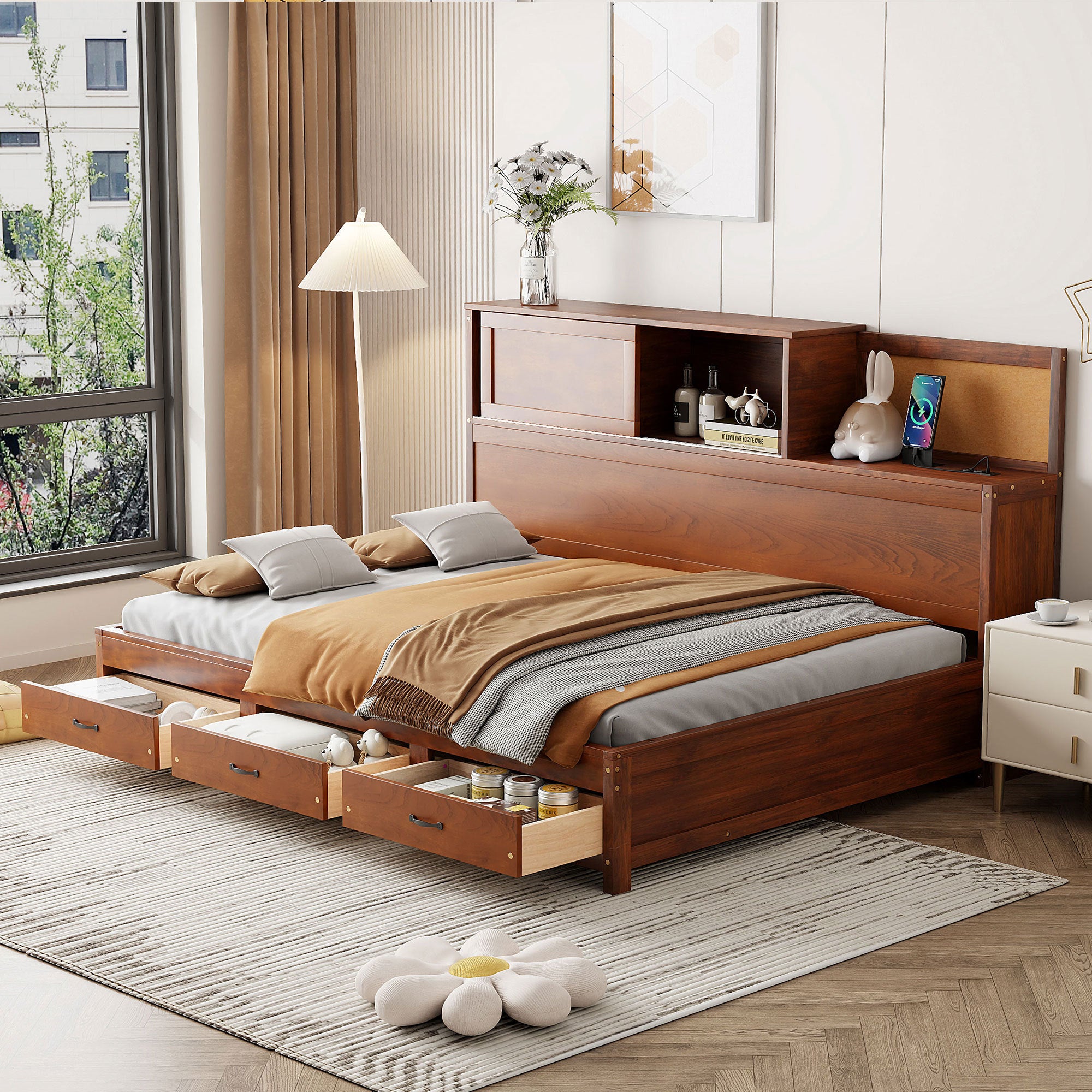 Walnut Full Size Daybed: 3 Drawers, Shelf, USB, Sockets