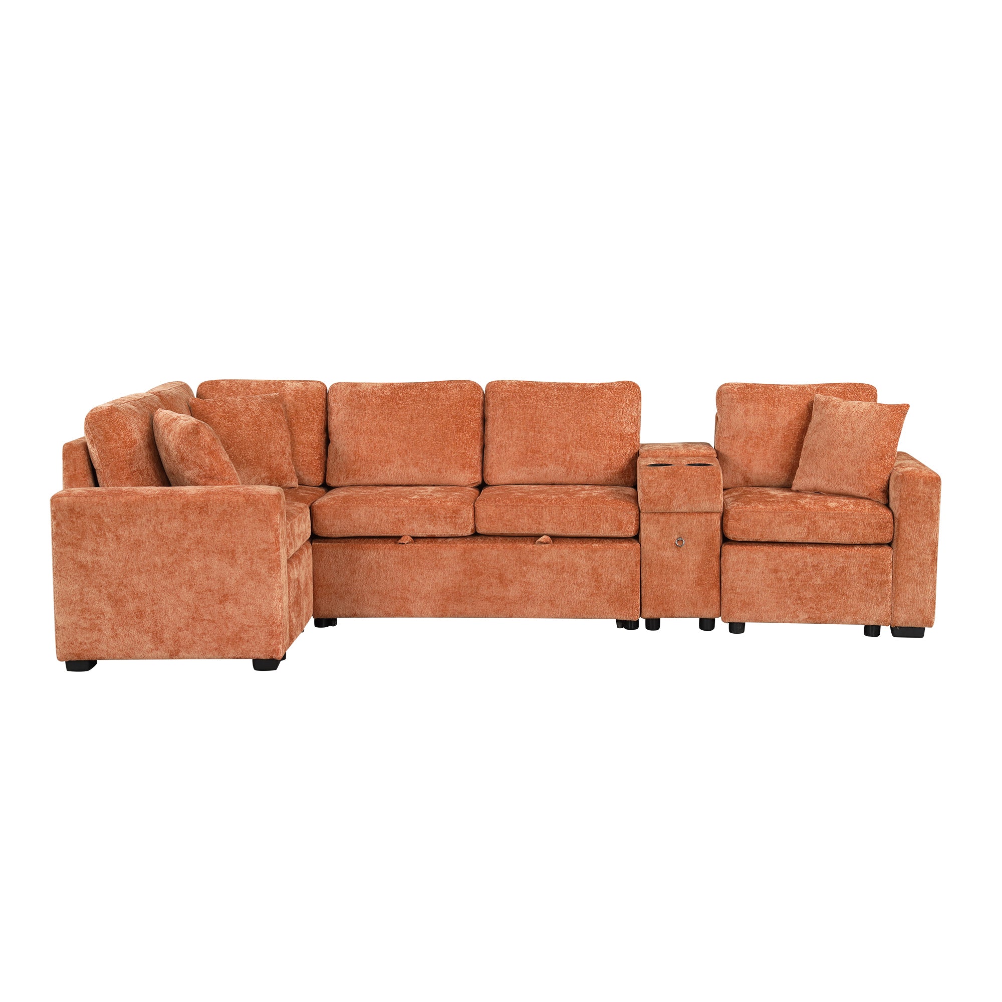 Contemporary L-Shaped Sofa Bed w/ Pull-Out, Storage, Orange