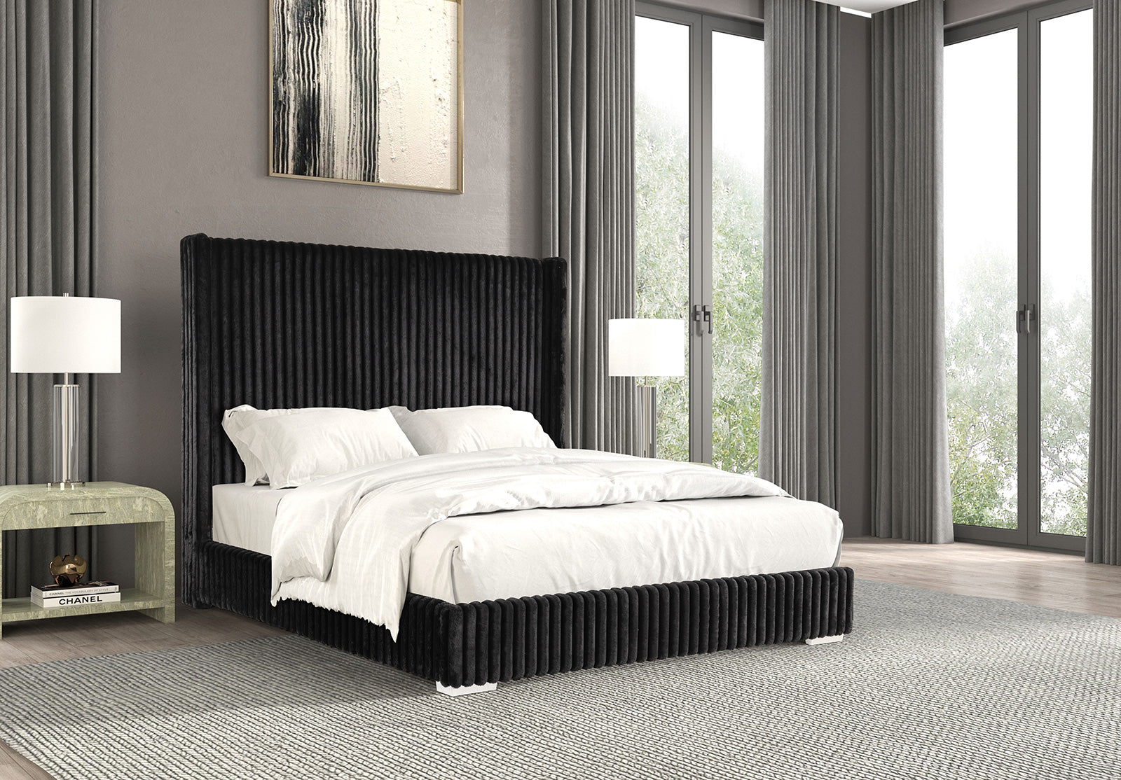 Contemporary Black Full Size Chenille Bed - Mattress Ready