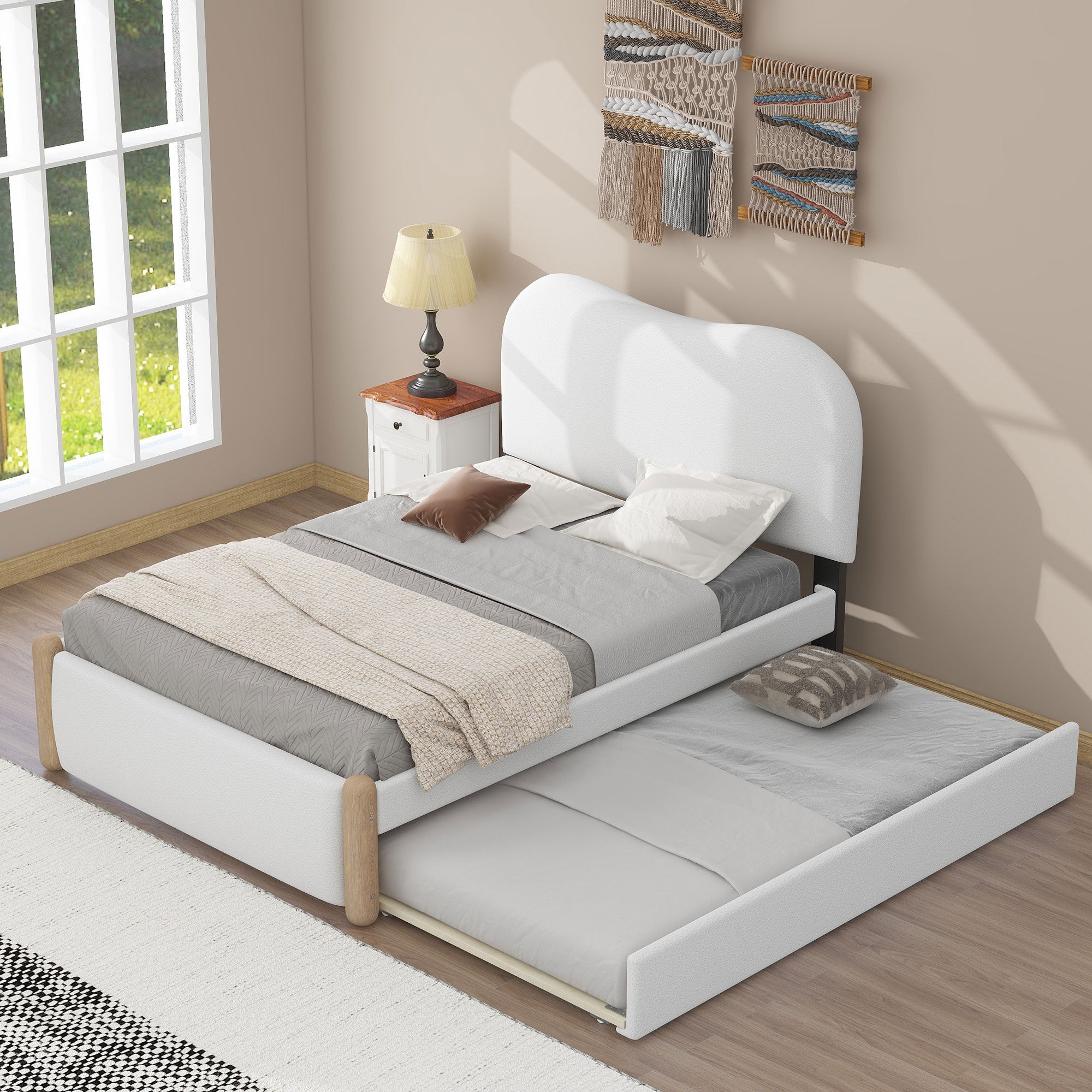 Twin Upholstered Platform Bed with Trundle & Wood Feet - White