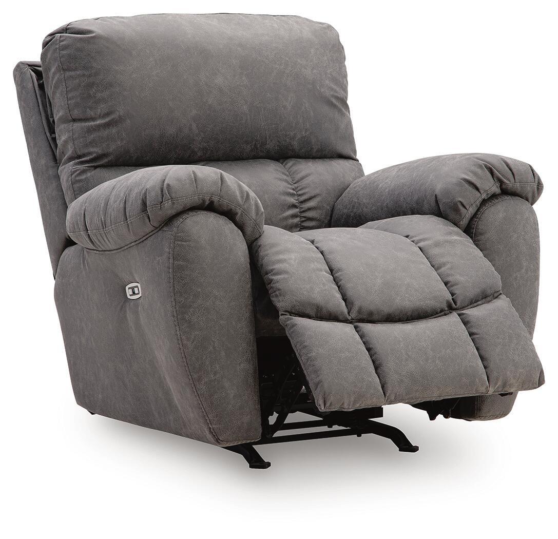 Gray power rocker recliner with adjustable headrest and extended footrest, power base