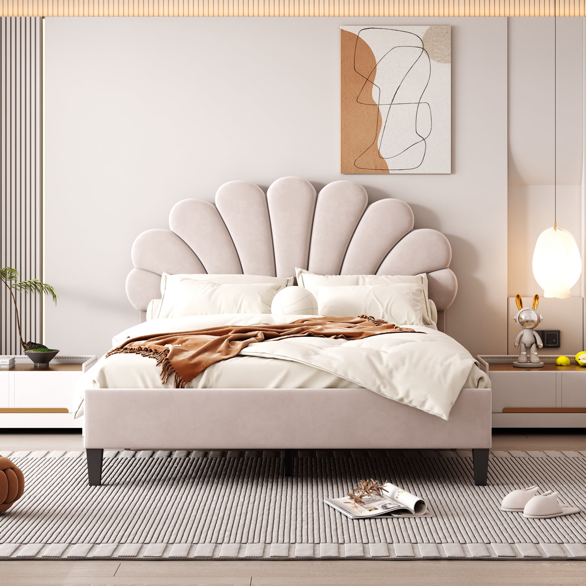 Beige Full Size Upholstered Platform Bed - Flower Velvet Headboard