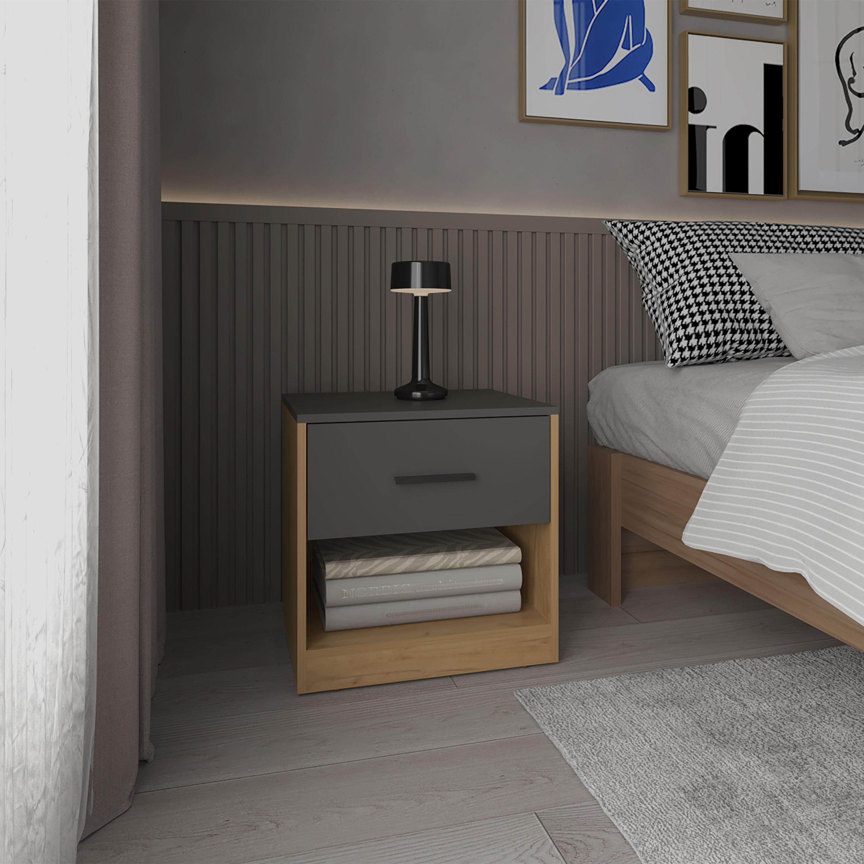 Alder Nightstand Side End Table - 1 Drawer, Open Shelf, Oak/Gray Bedroom