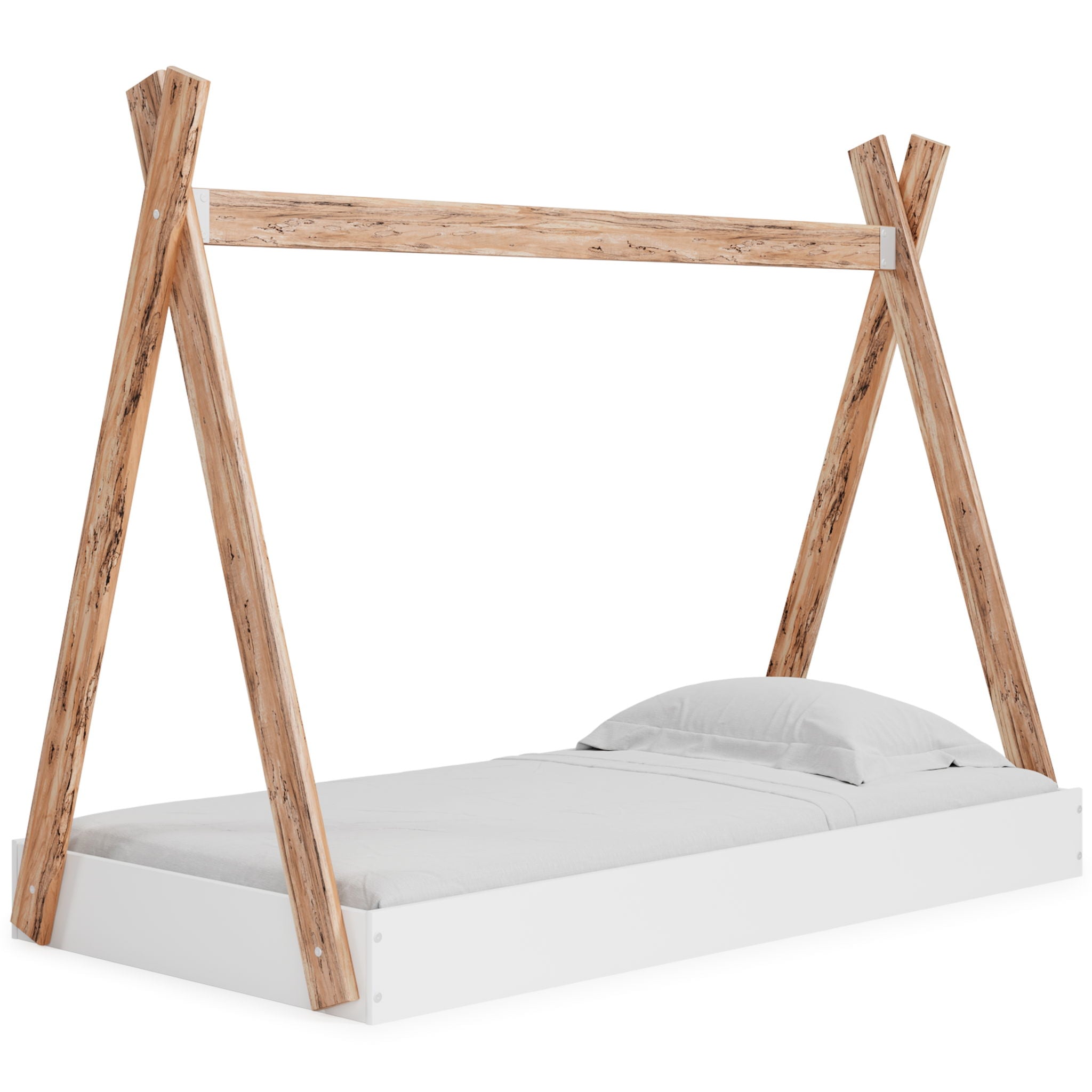 White bed frame with light wood A-frame legs, white base and gray mattress