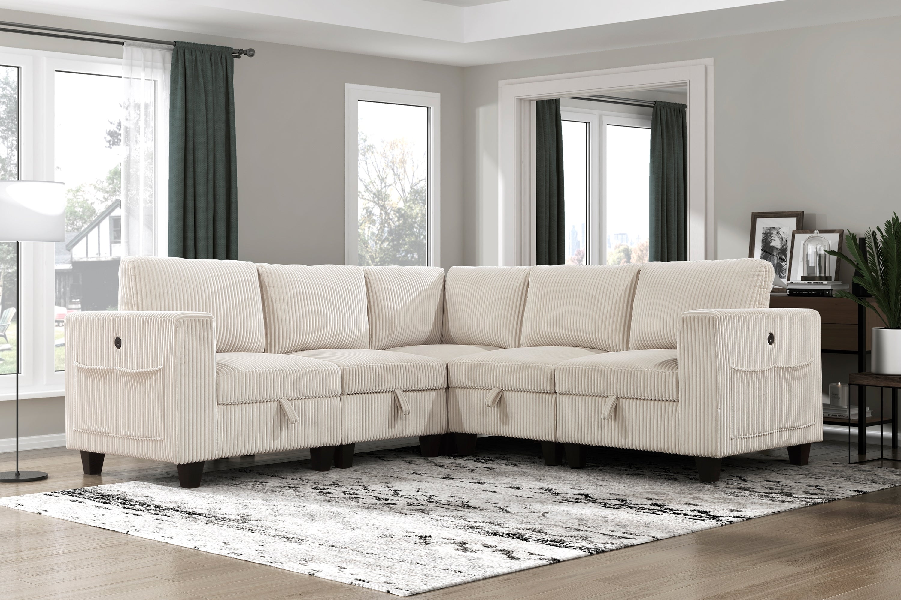 5-Pc Modular Sectional: Storage, USB, Beige Corduroy Couch