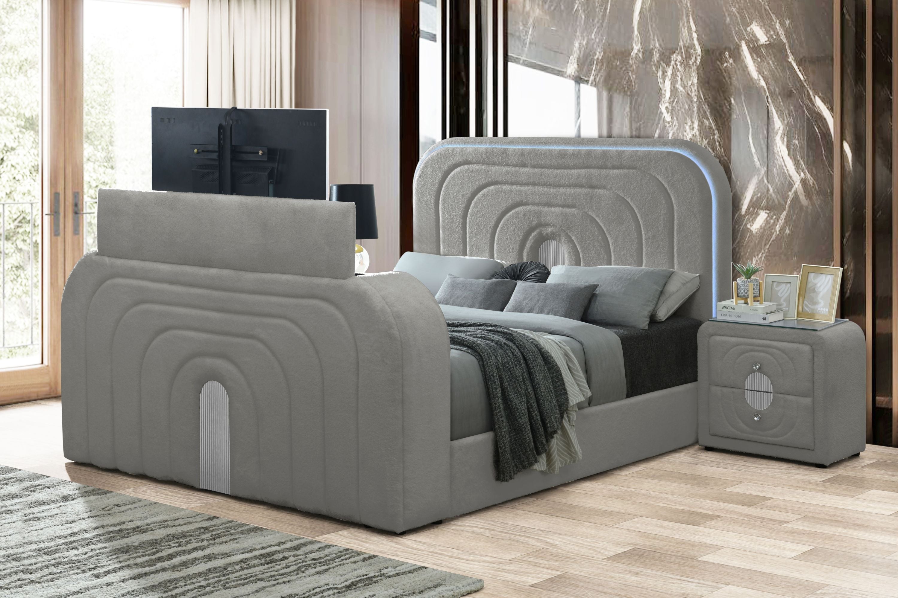 Shelyn Gray Teddy Sherpa King Bed | LED, TV Stand, Fireplace, Bluetooth