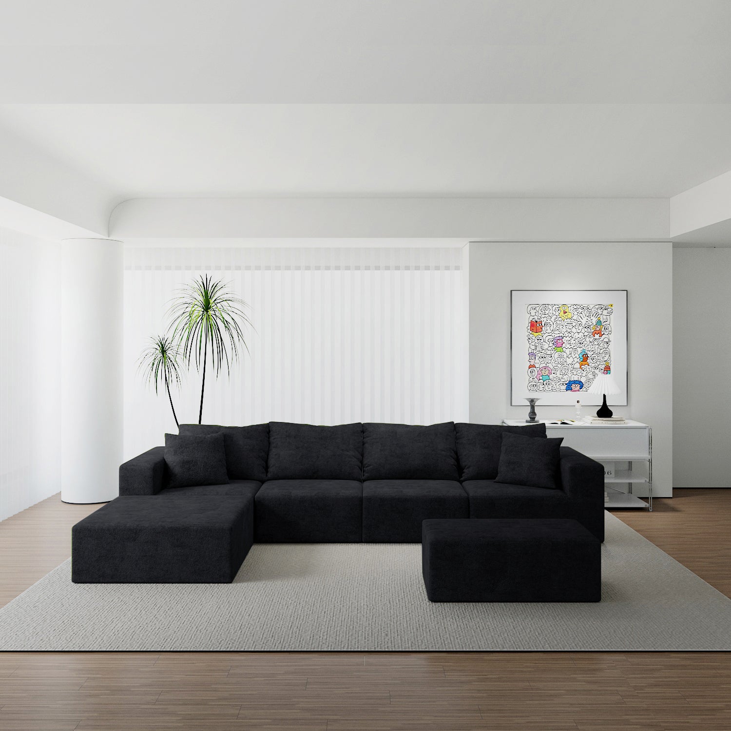 Black Modular Sectional Sofa 4-Seat Cloud Couch Ottoman