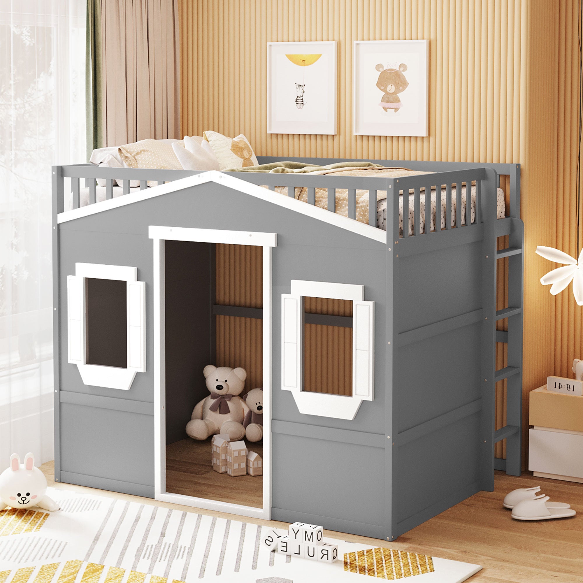 Full Size House Loft Bed with Ladder - Gray/White Frame