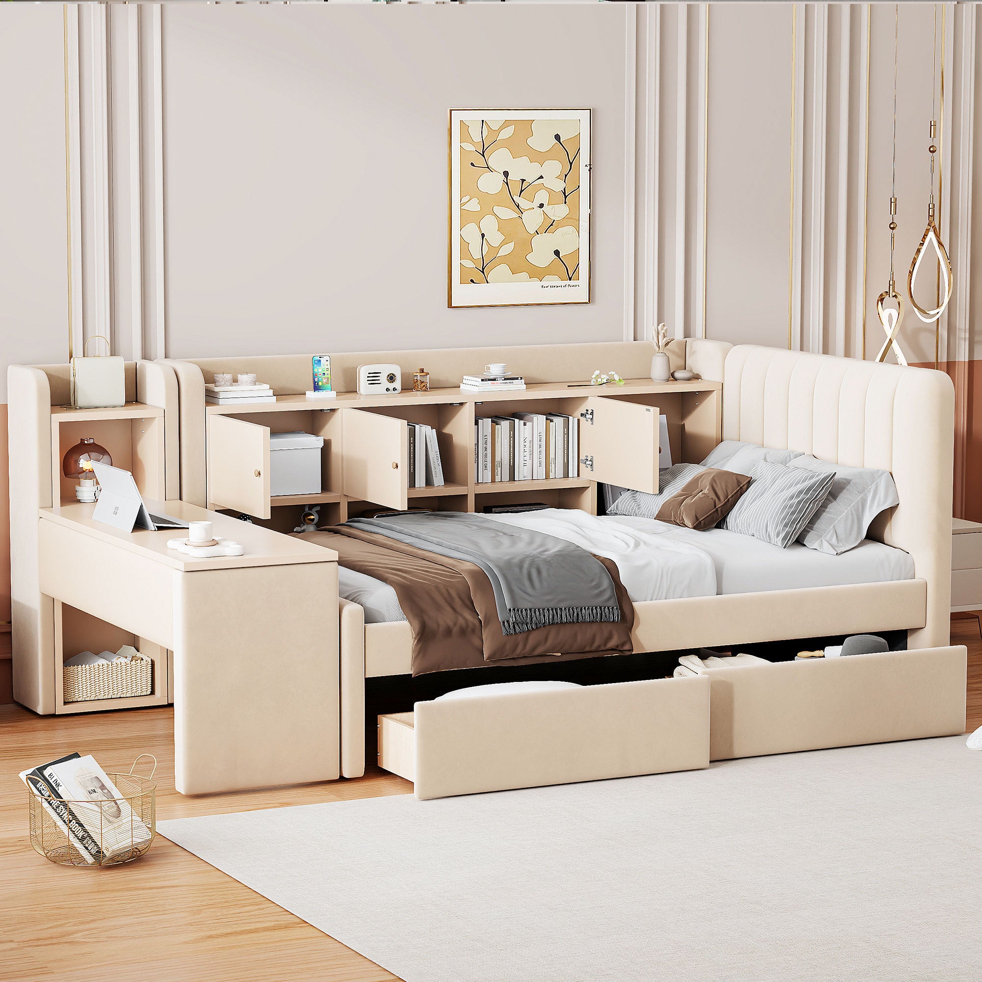 Twin Upholstered Daybed w/ Drawers, Shelves & Side Table - Beige