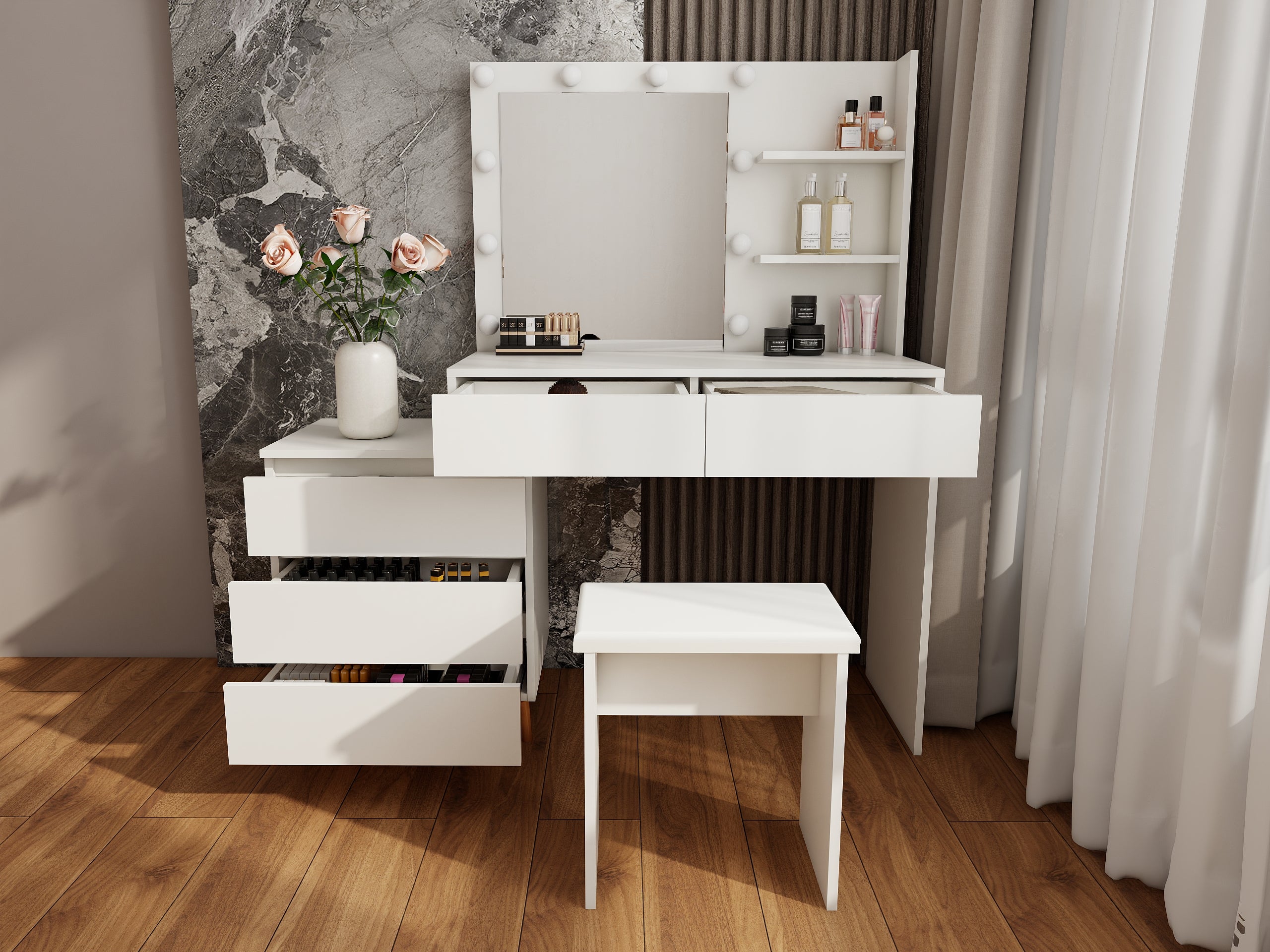 White LED Makeup Vanity Table with Mirror, Storage & Stool