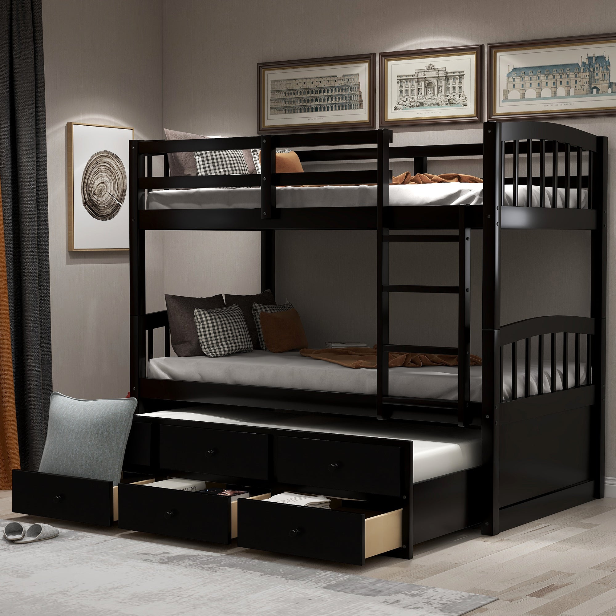 Espresso Twin Bunk Bed w/Trundle Bed, 3 Drawers, Safety Rail