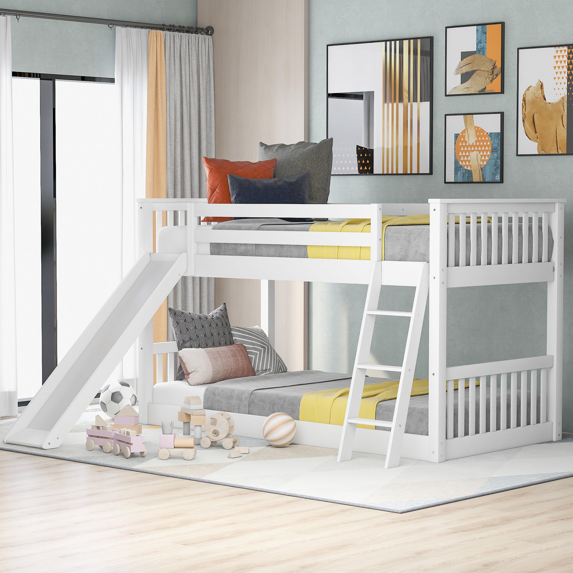 Space-Saving White Twin Over Twin Bunk Bed with Slide & Ladder