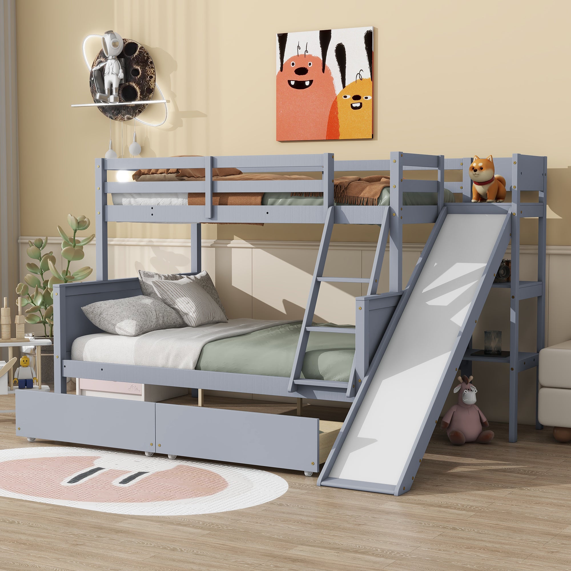 Twin Over Full Bunk Bed with Slide & Drawers