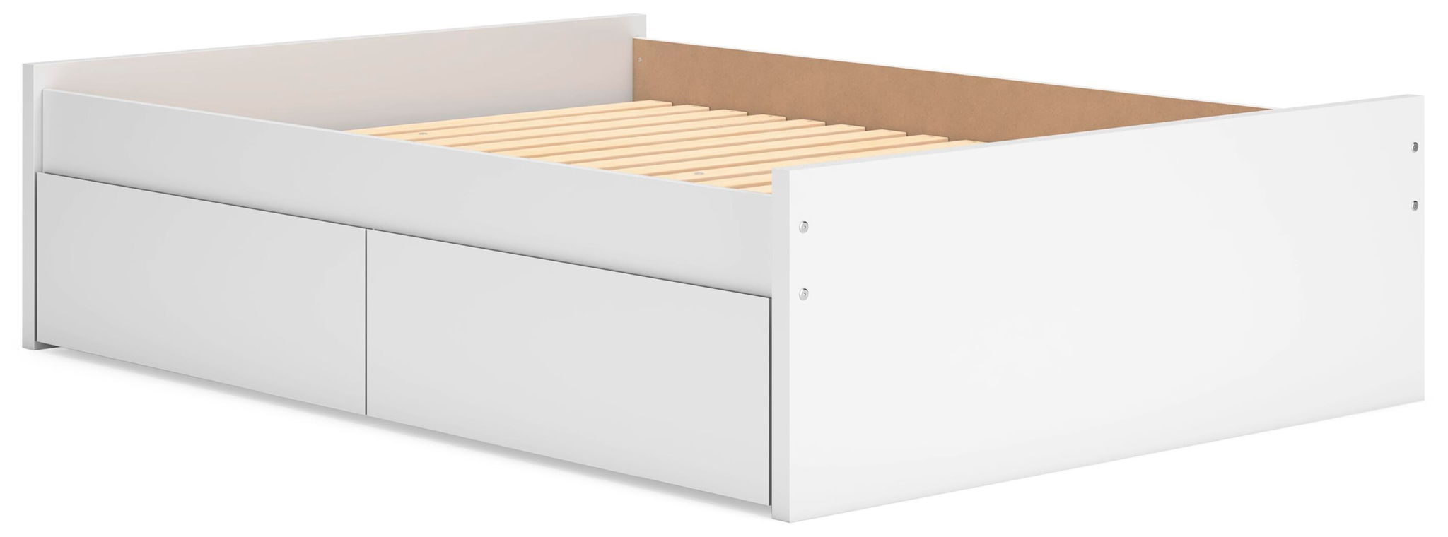 White platform bed frame with two side drawers and open slat support