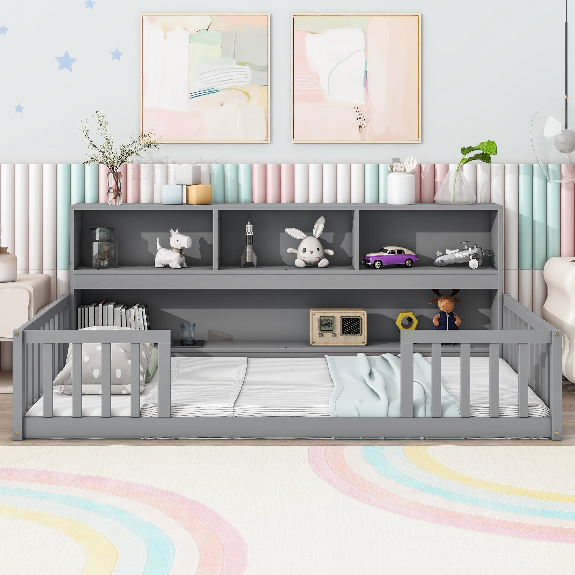 Twin Floor Bed with Bedside Bookcase, Shelves & Guardrails - Grey