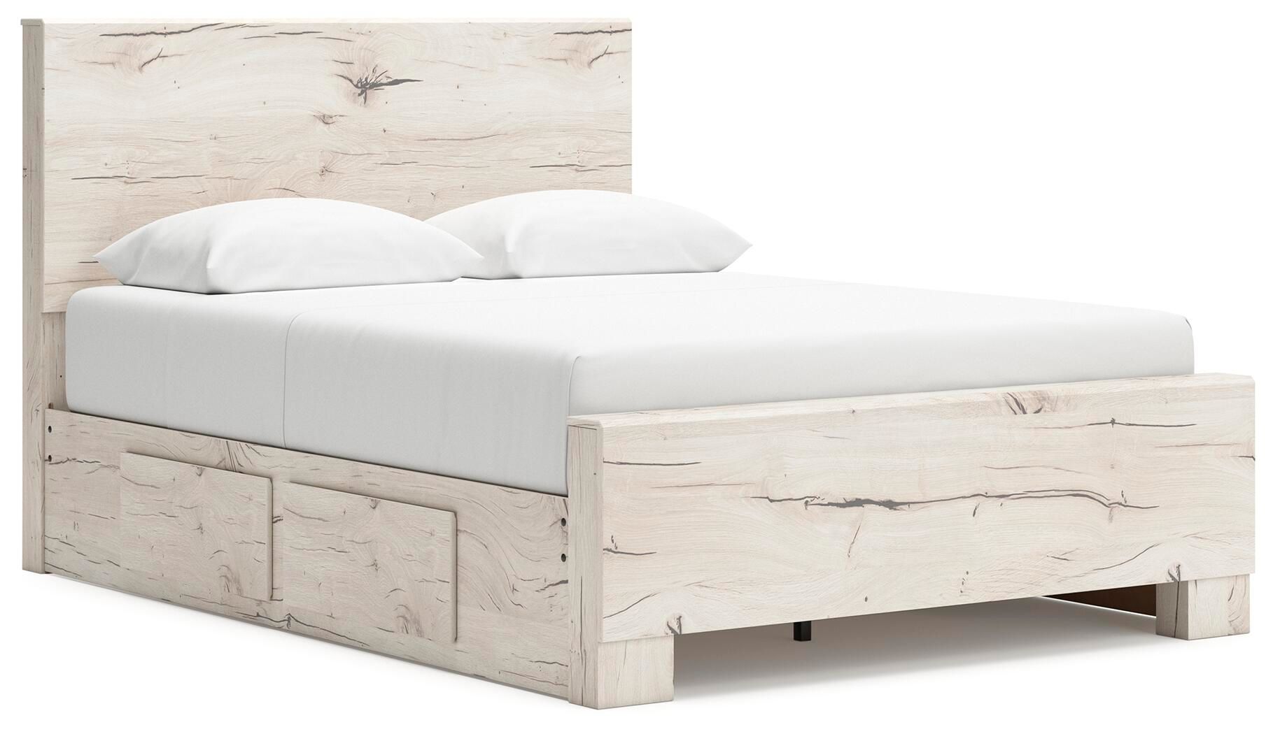 Panel bed with storage in light beige wood grain, tall panel headboard and footboard