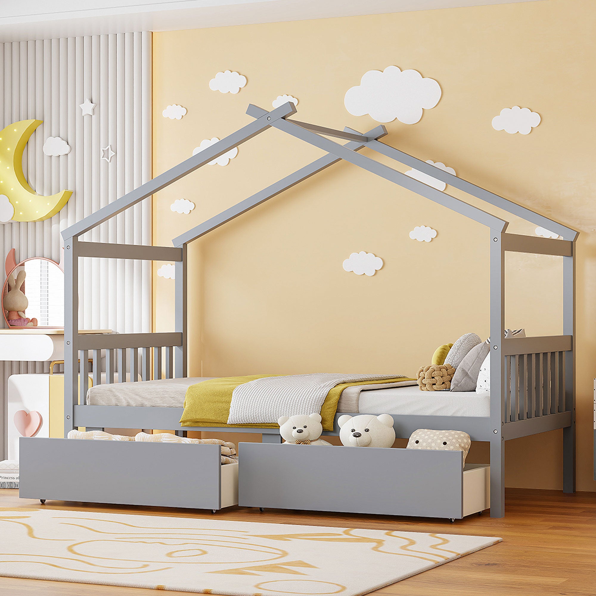 Twin Size Wooden House Bed with Drawers, Gray - Kids Furniture