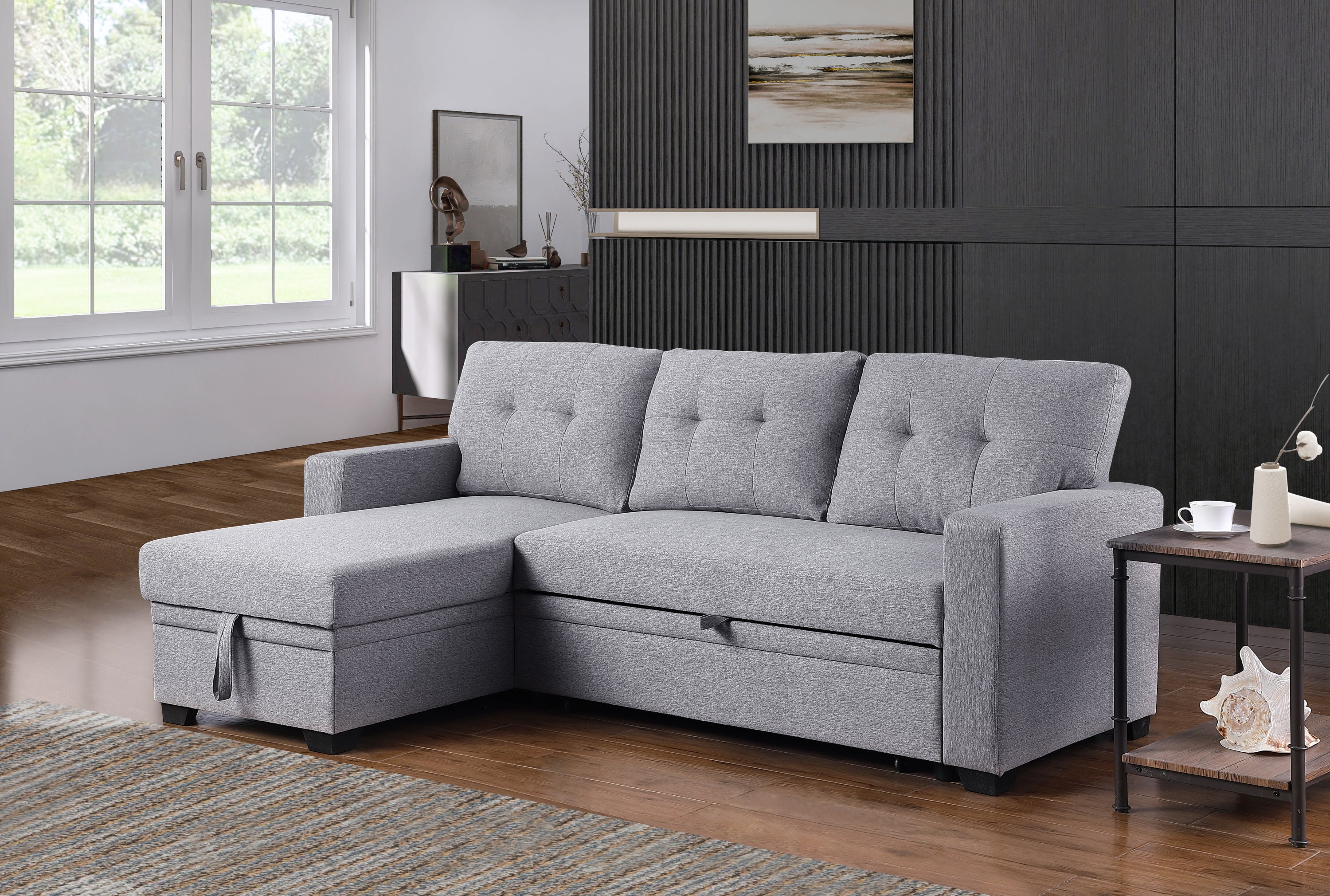 Upholstered Pull Out Sectional Sofa Bed with Chaise