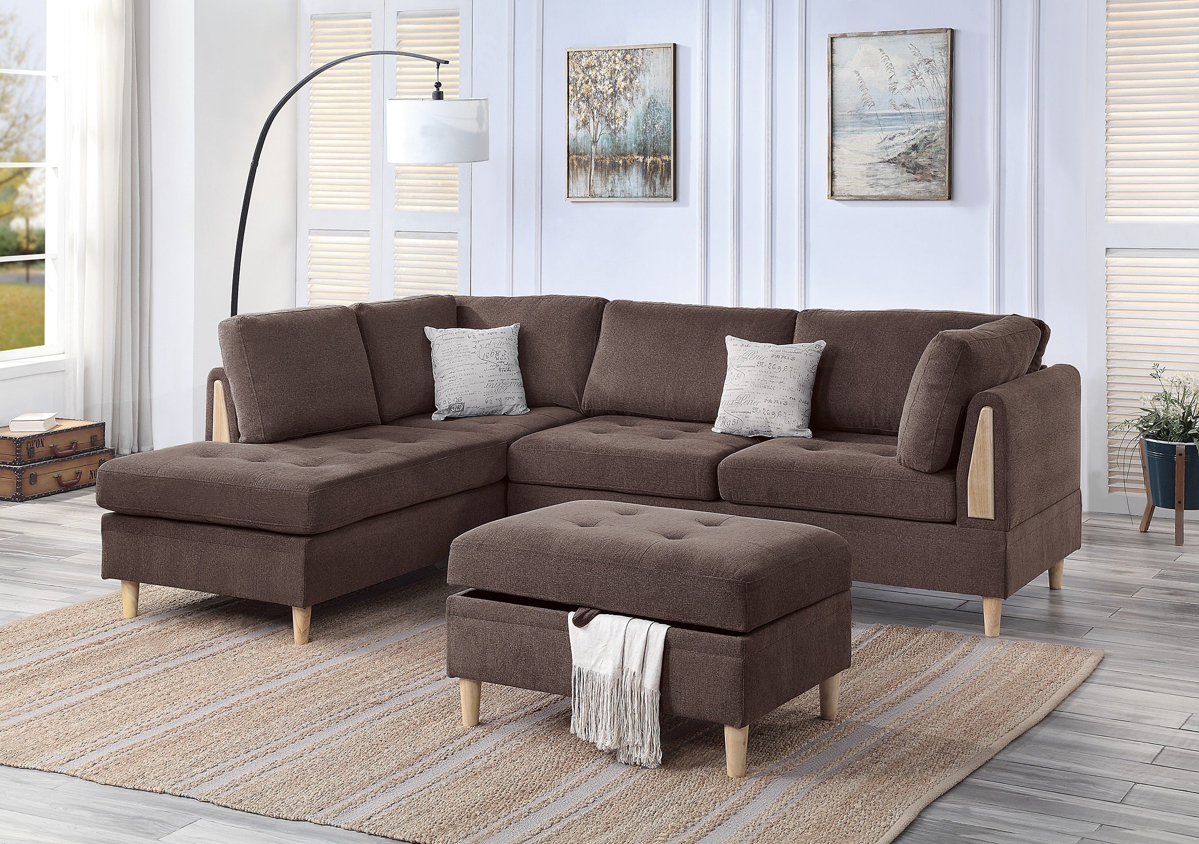 3-PC Chocolate Chenille Reversible Sectional Sofa w/ Chaise