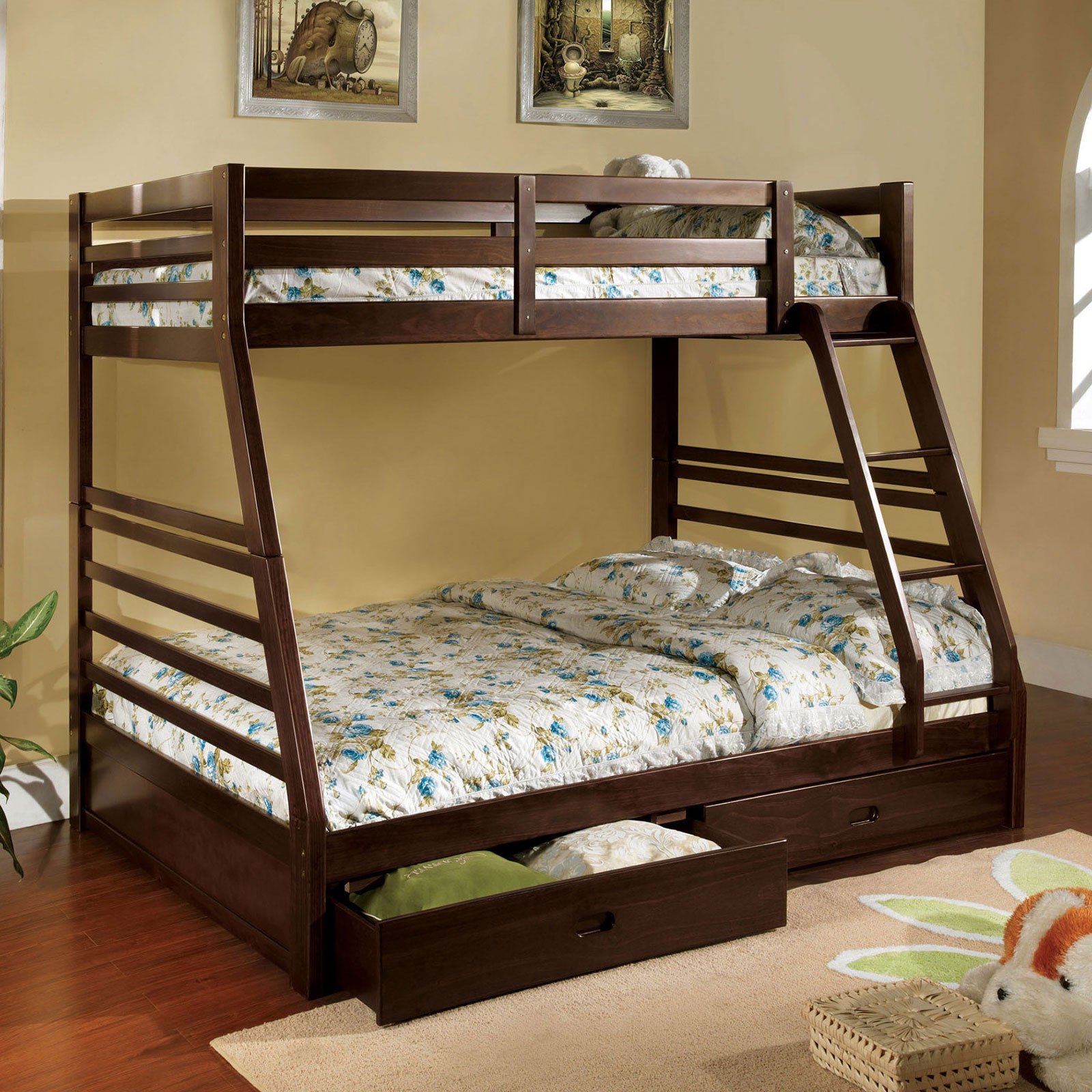 Modern Transitional Twin Over Full Bunk Bed w/ Storage, Dark Walnut