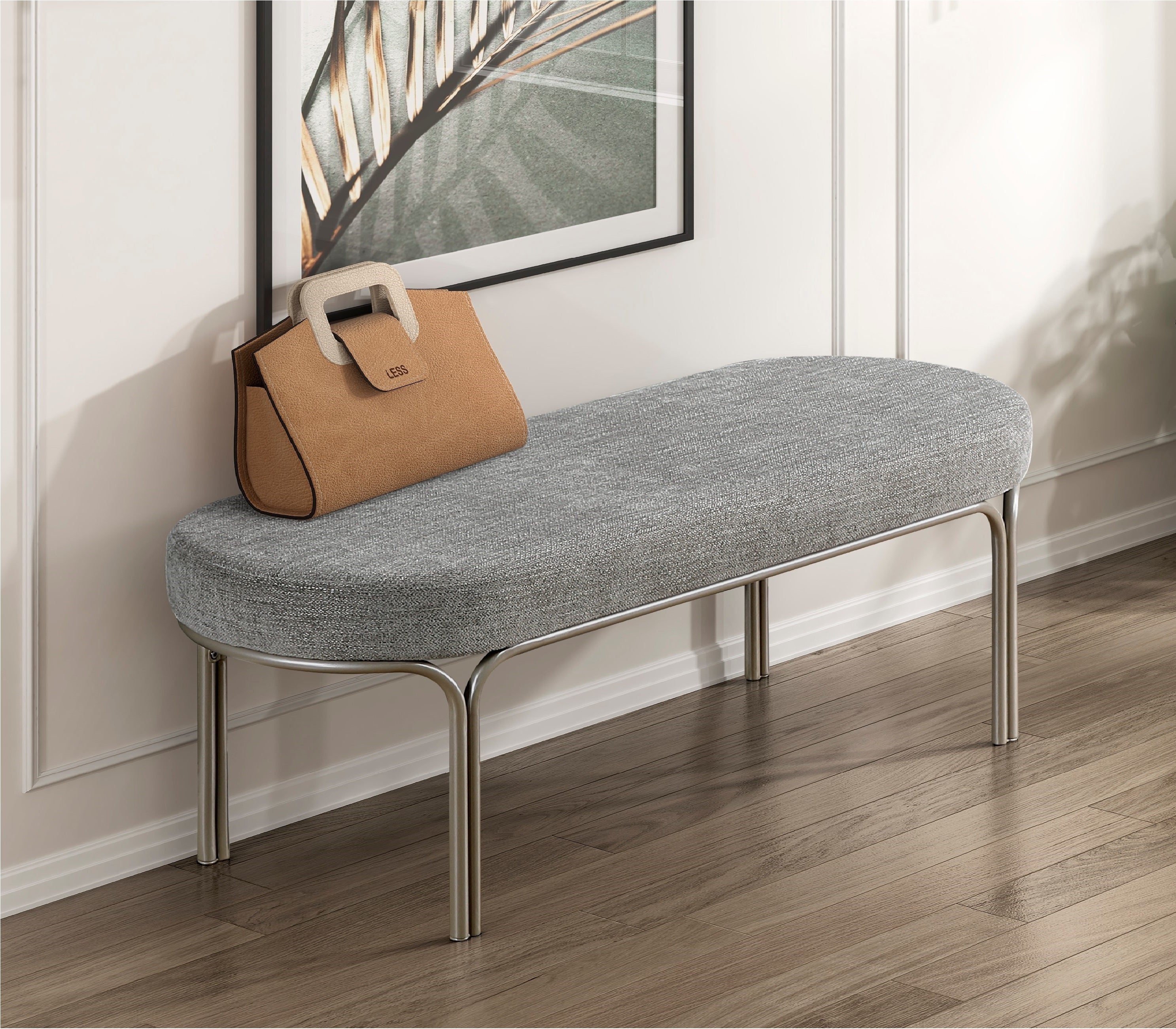 Modern Gray Chenille Entryway Bench - Champagne Metal Legs