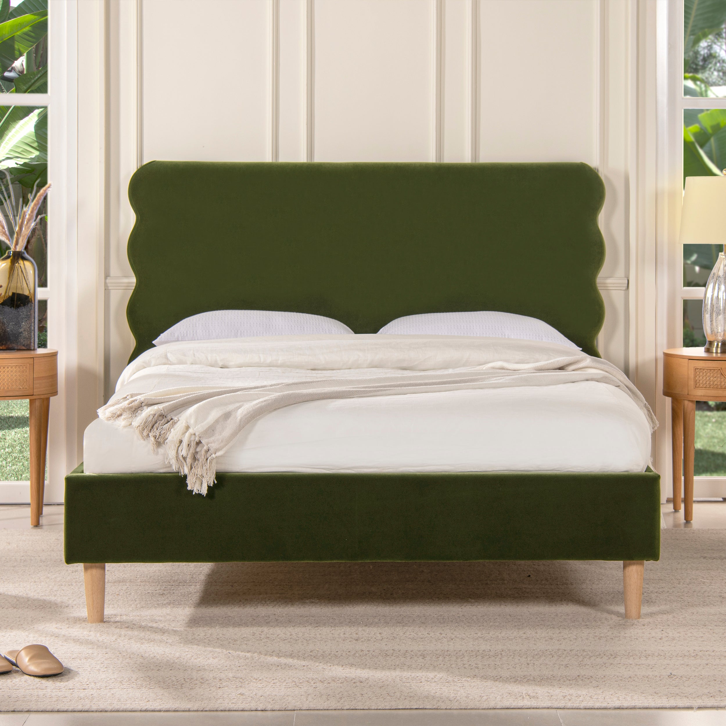Modern Wavy Headboard Queen Platform Bed - Olive Green Velvet