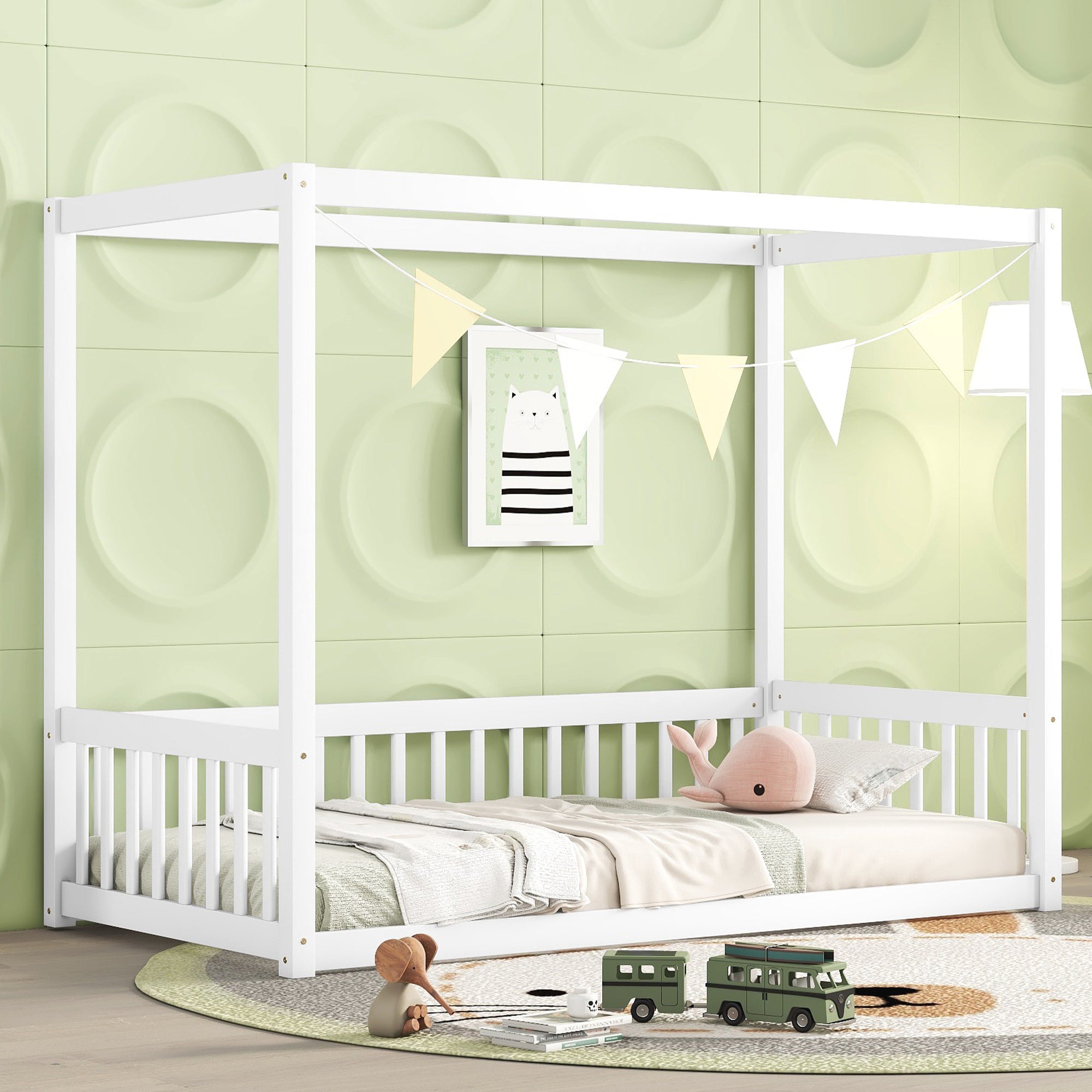 Twin Canopy Bed w/Guardrails & Fence, White