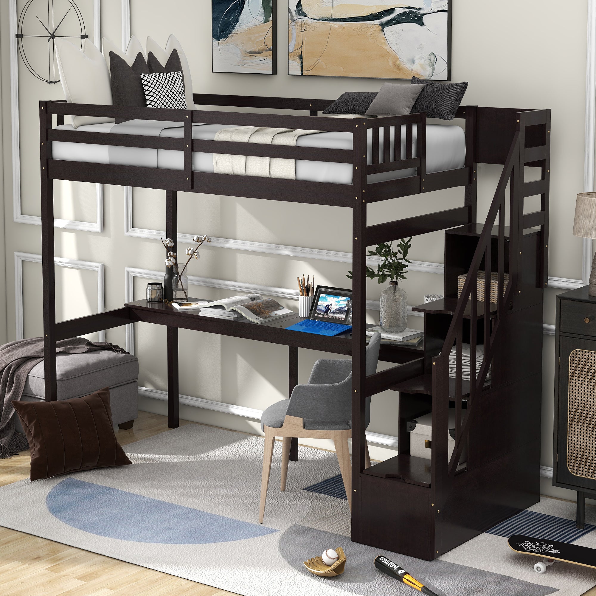 Twin Loft Bed with Storage Stairs & Built-in Desk, Espresso
