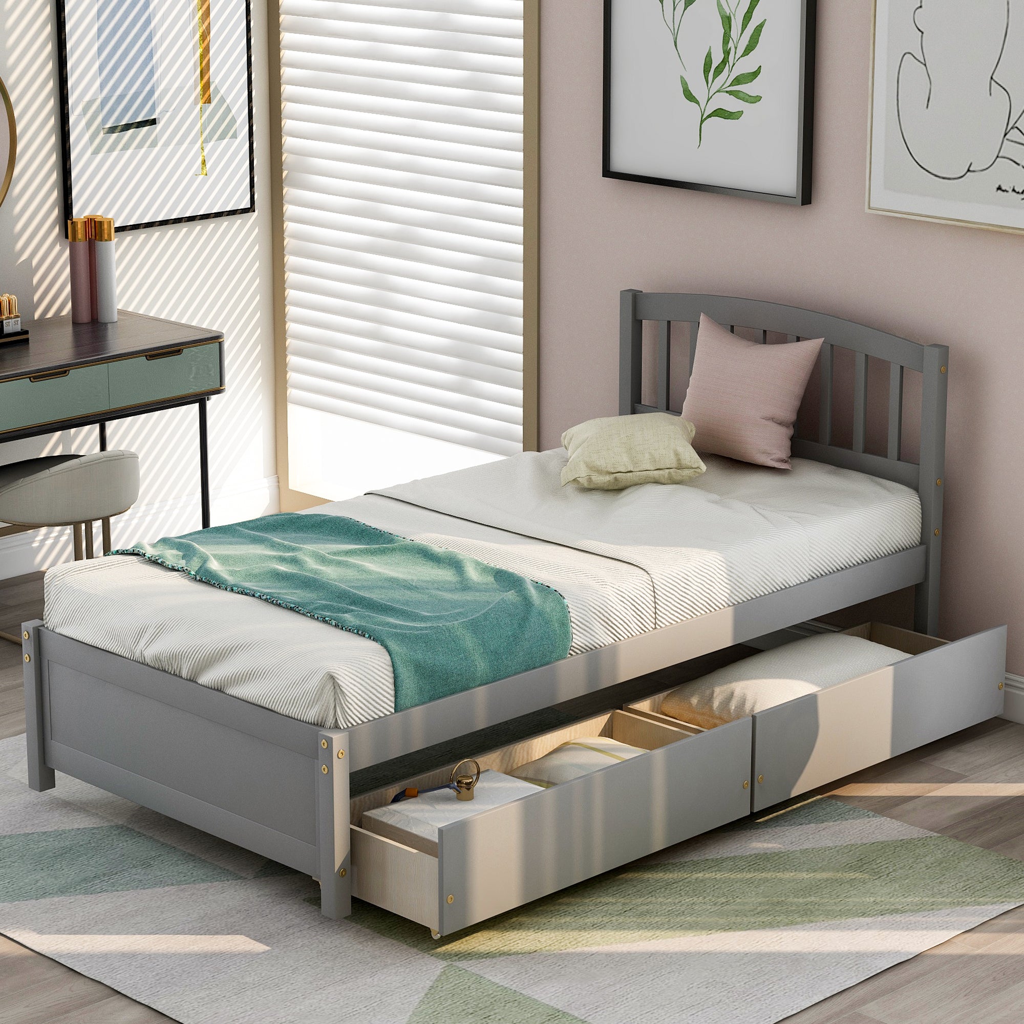 Gray Twin Platform Storage Bed Wood Frame, 2 Drawers, Headboard