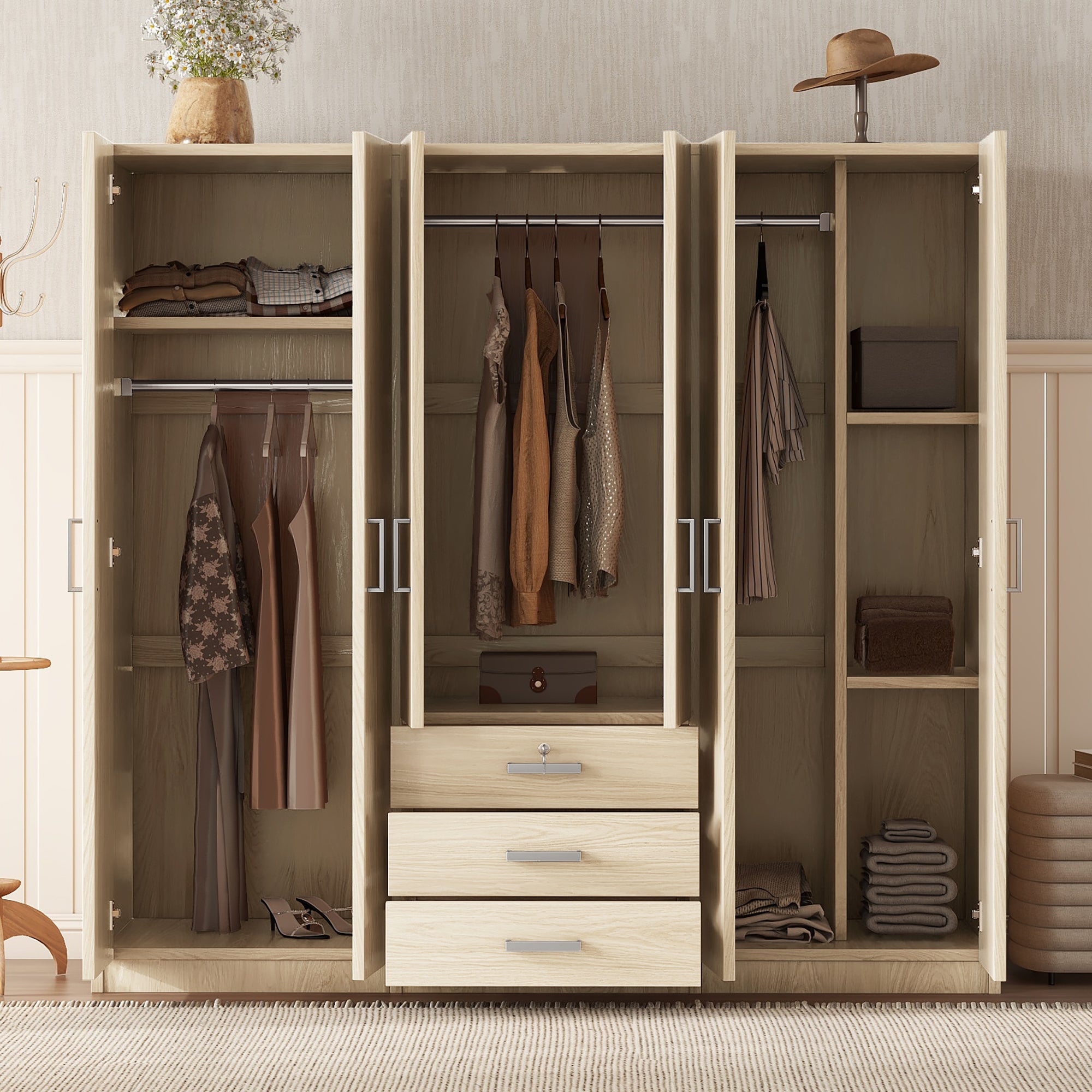 6-Door Wooden Wardrobe Brown - Bedroom Storage & Drawers