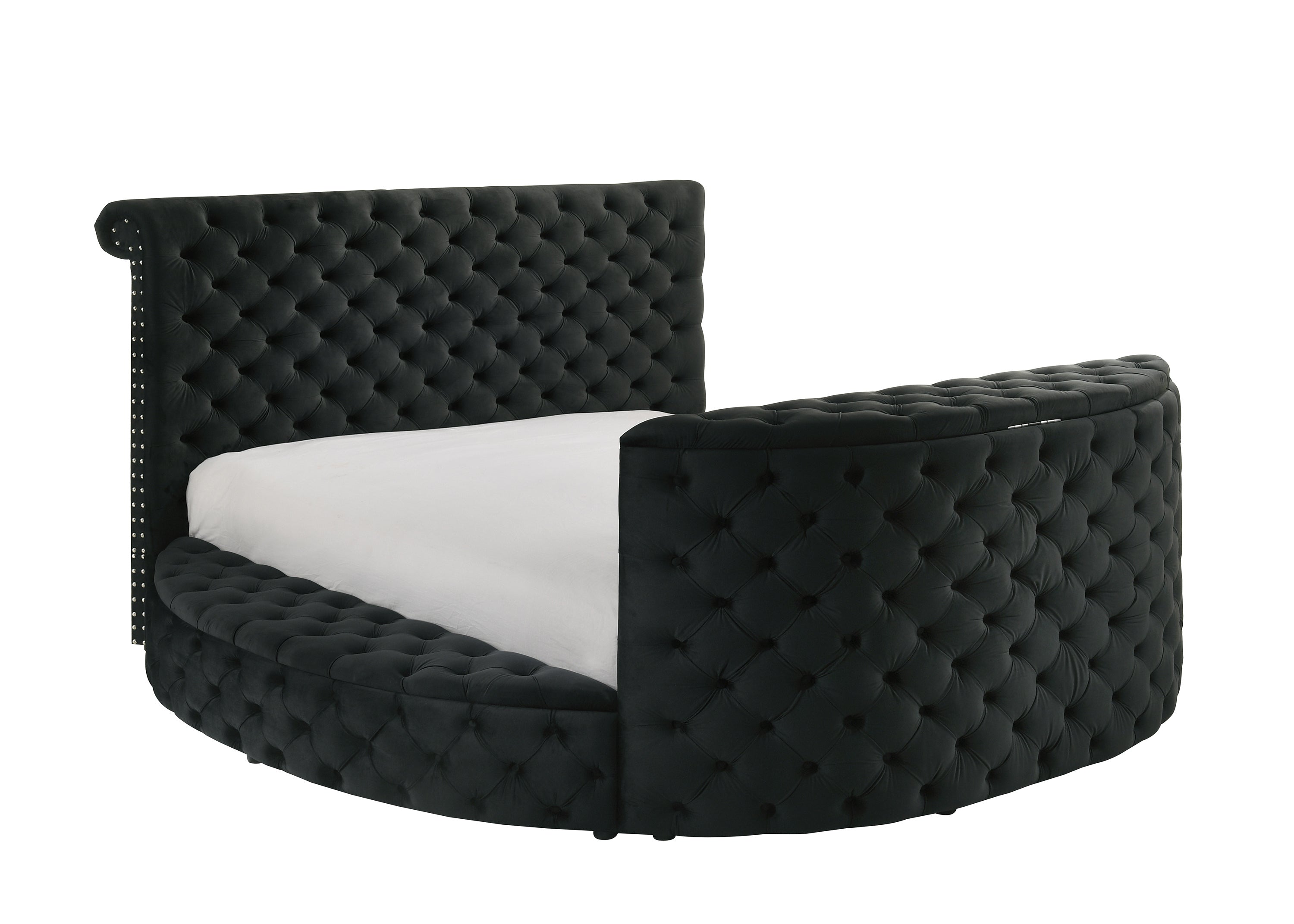 Queen Black Velvet Tufted Bed, TV Lift, Fireplace, Storage