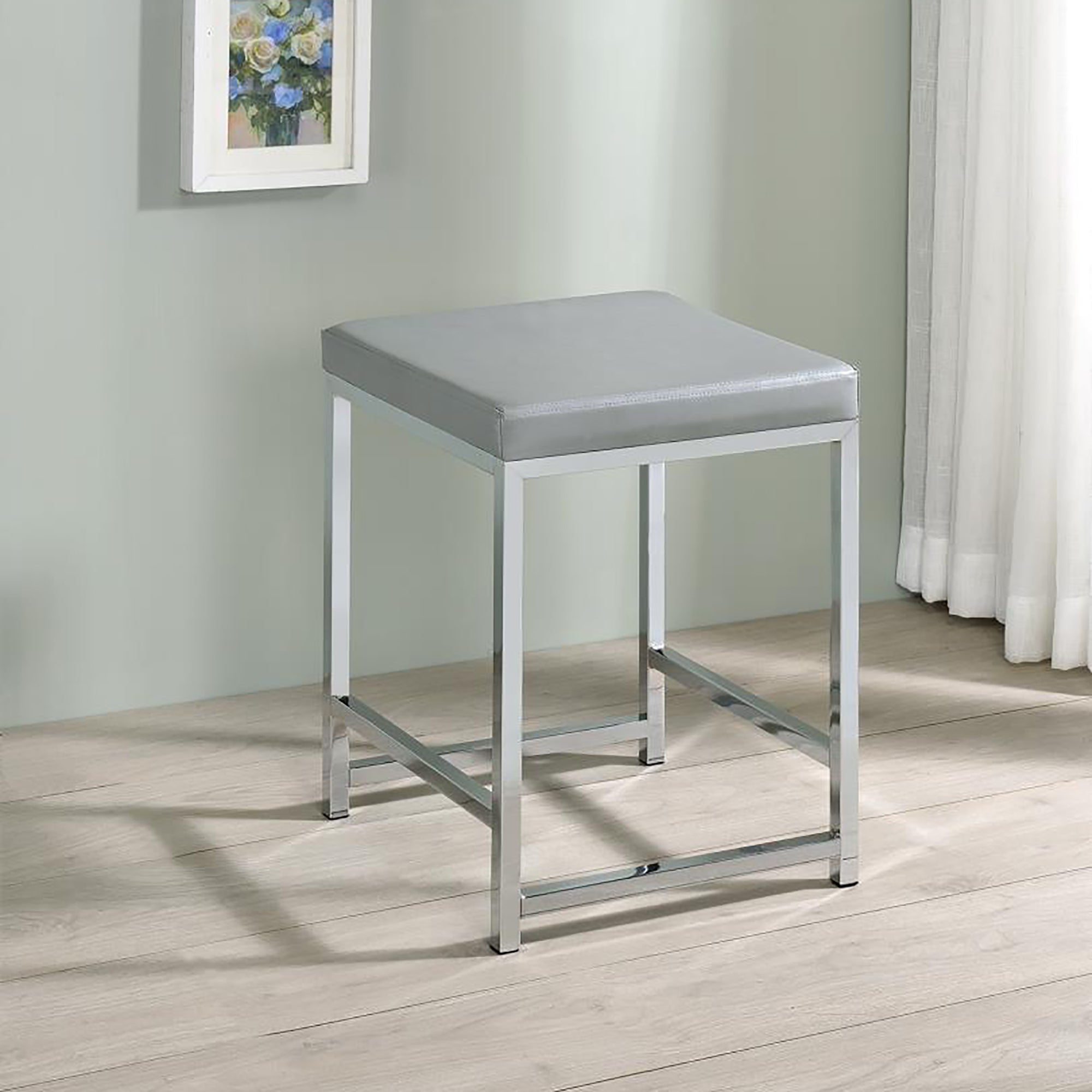 Light Grey Upholstered Square Vanity Stool for Dressing Table