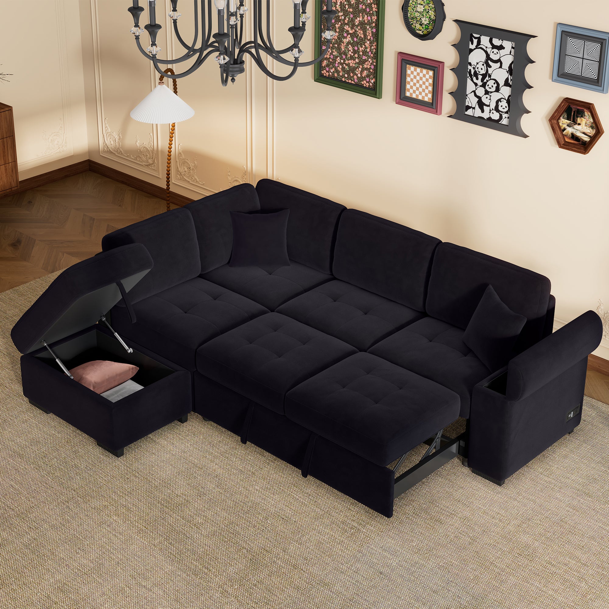 Sleeper Sectional L-Shape Sofa-Bed with Storage & USB Black