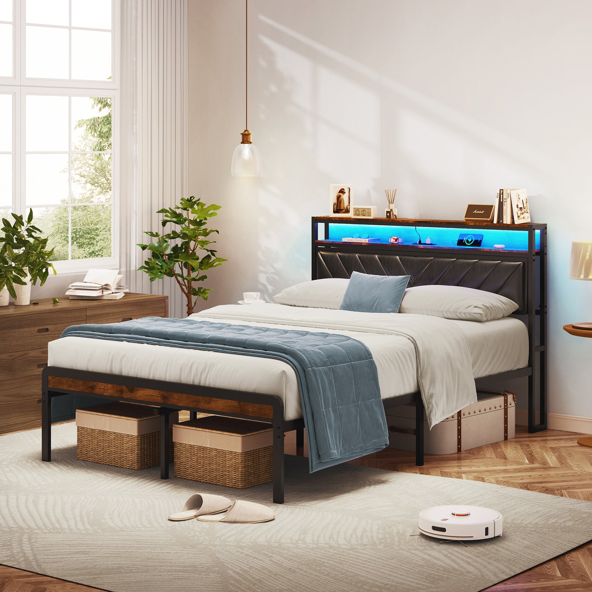 Full Size Metal Platform Bed w/Upholstered Headboard, LED, USB, Quiet