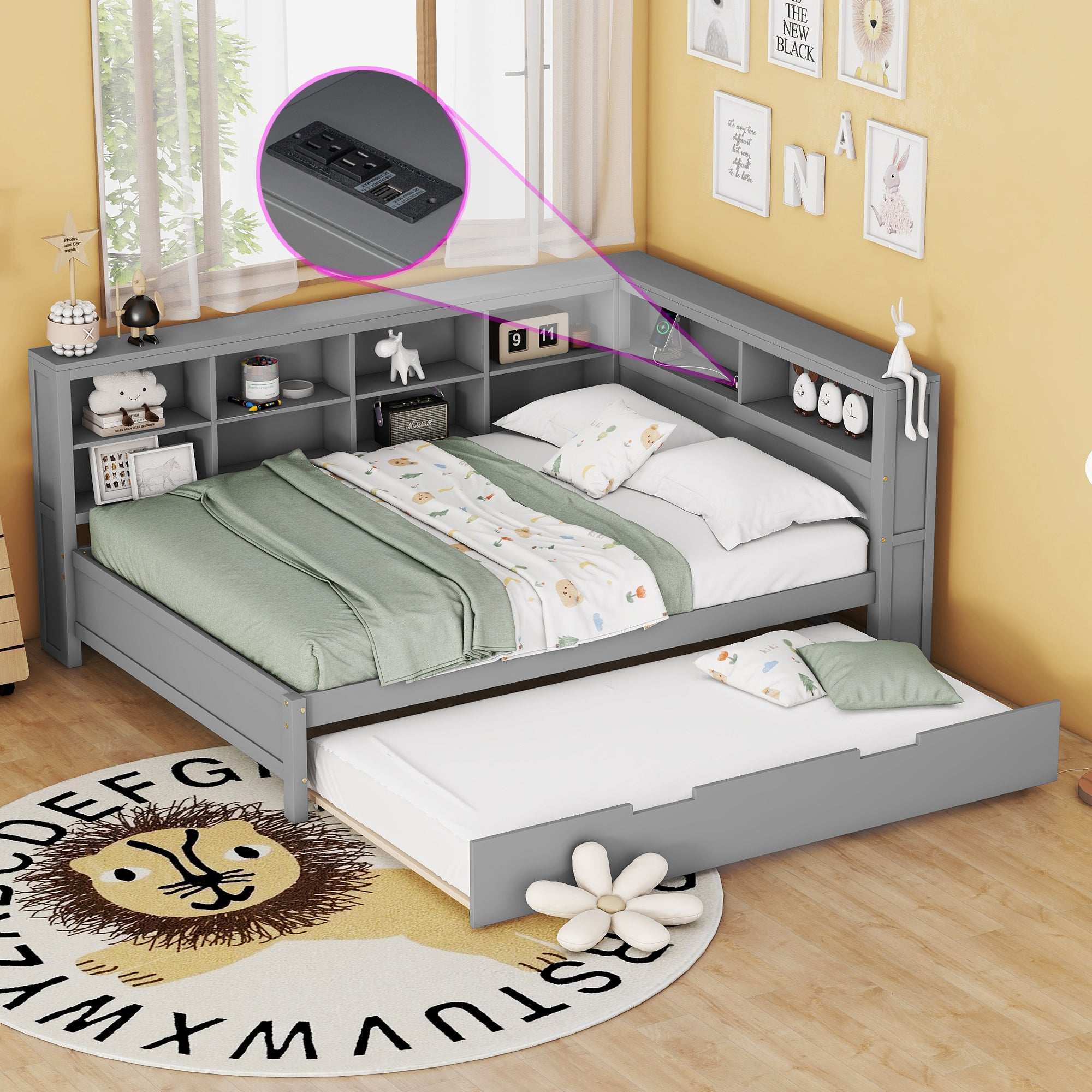 Grey Wooden Daybed w/ Twin Trundle & Storage