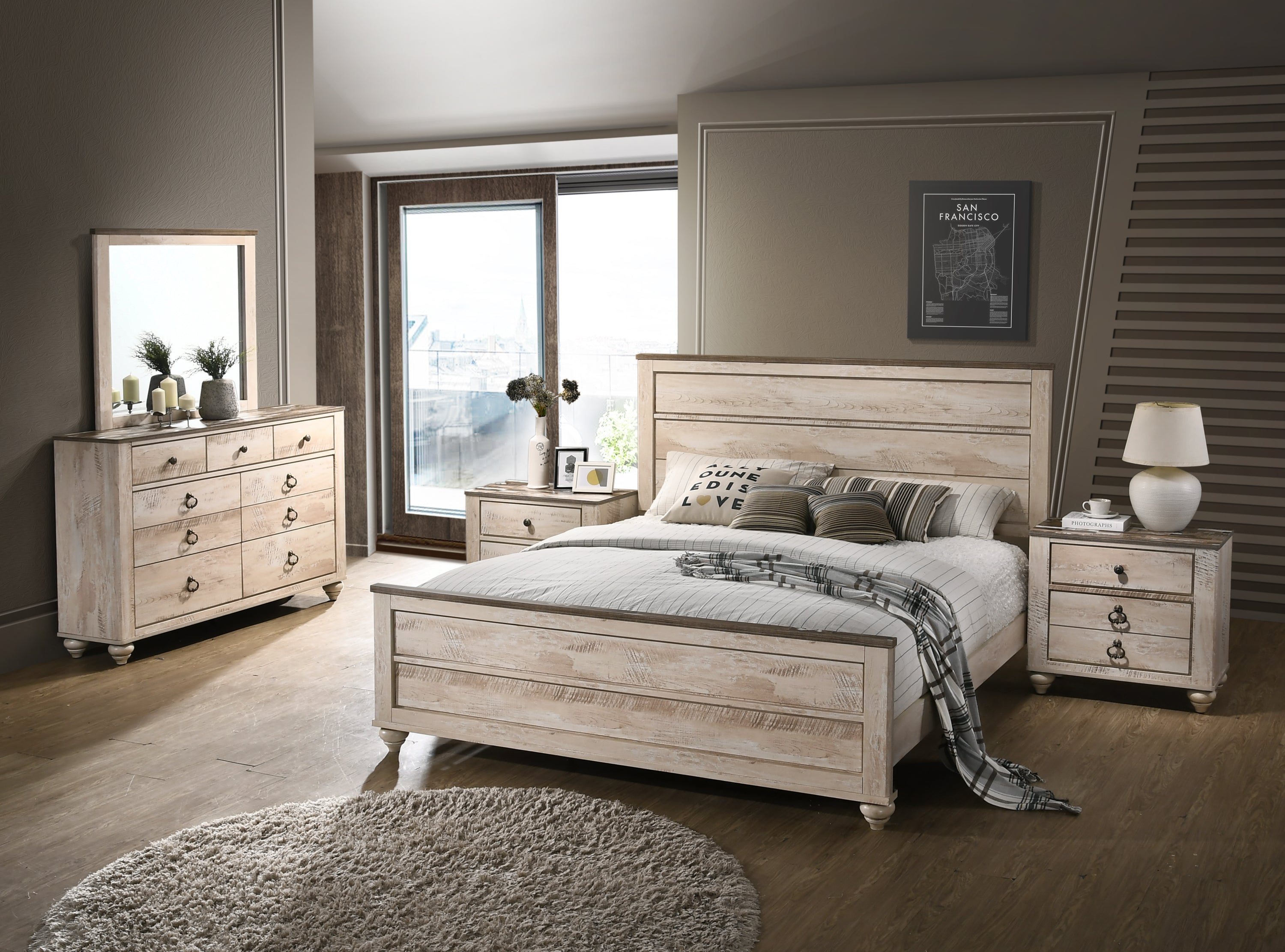 Imerland Contemporary White Wash Finish King 5-Pc Bedroom Set