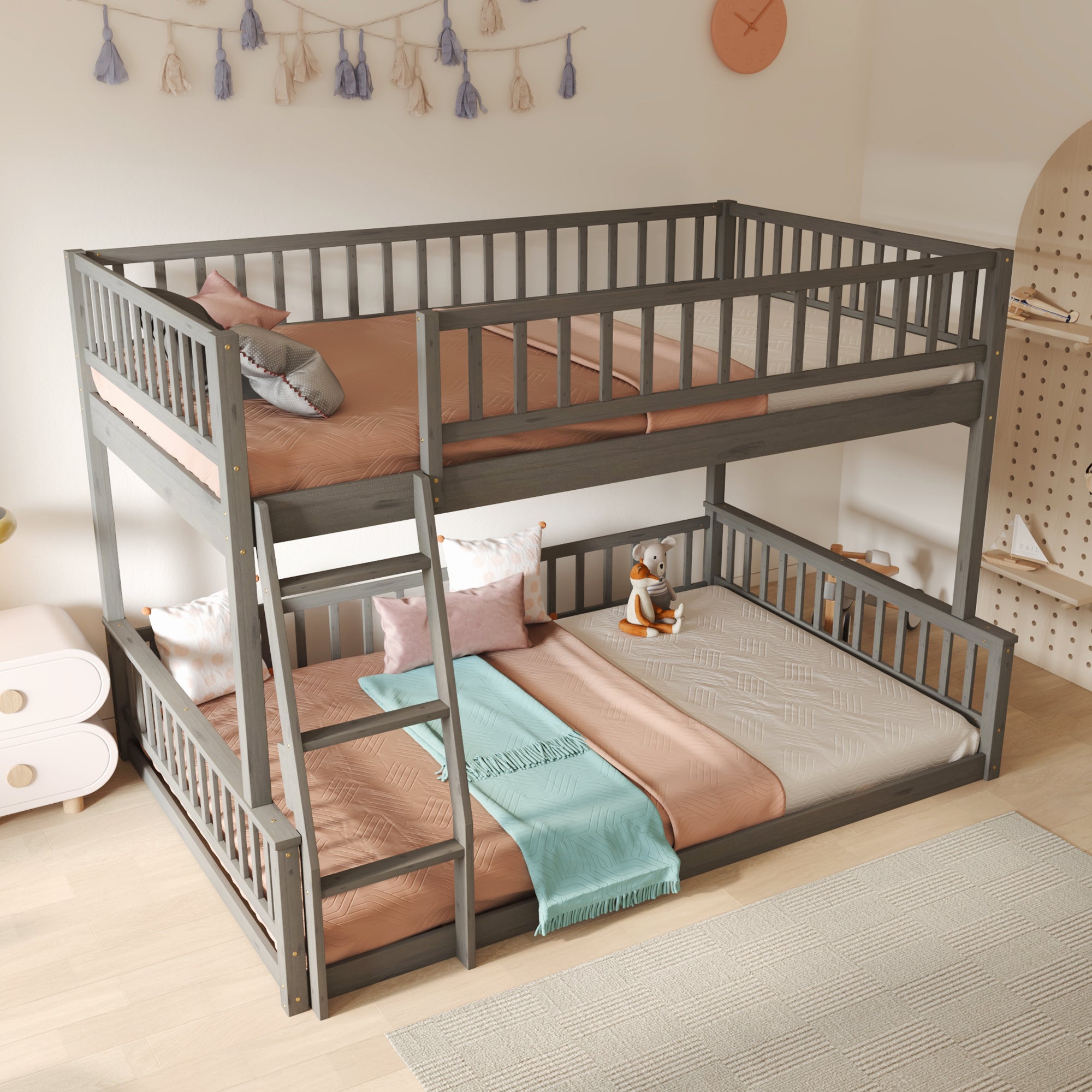 Gray Full XL Over Queen Bunk Bed with Ladder & Guardrails