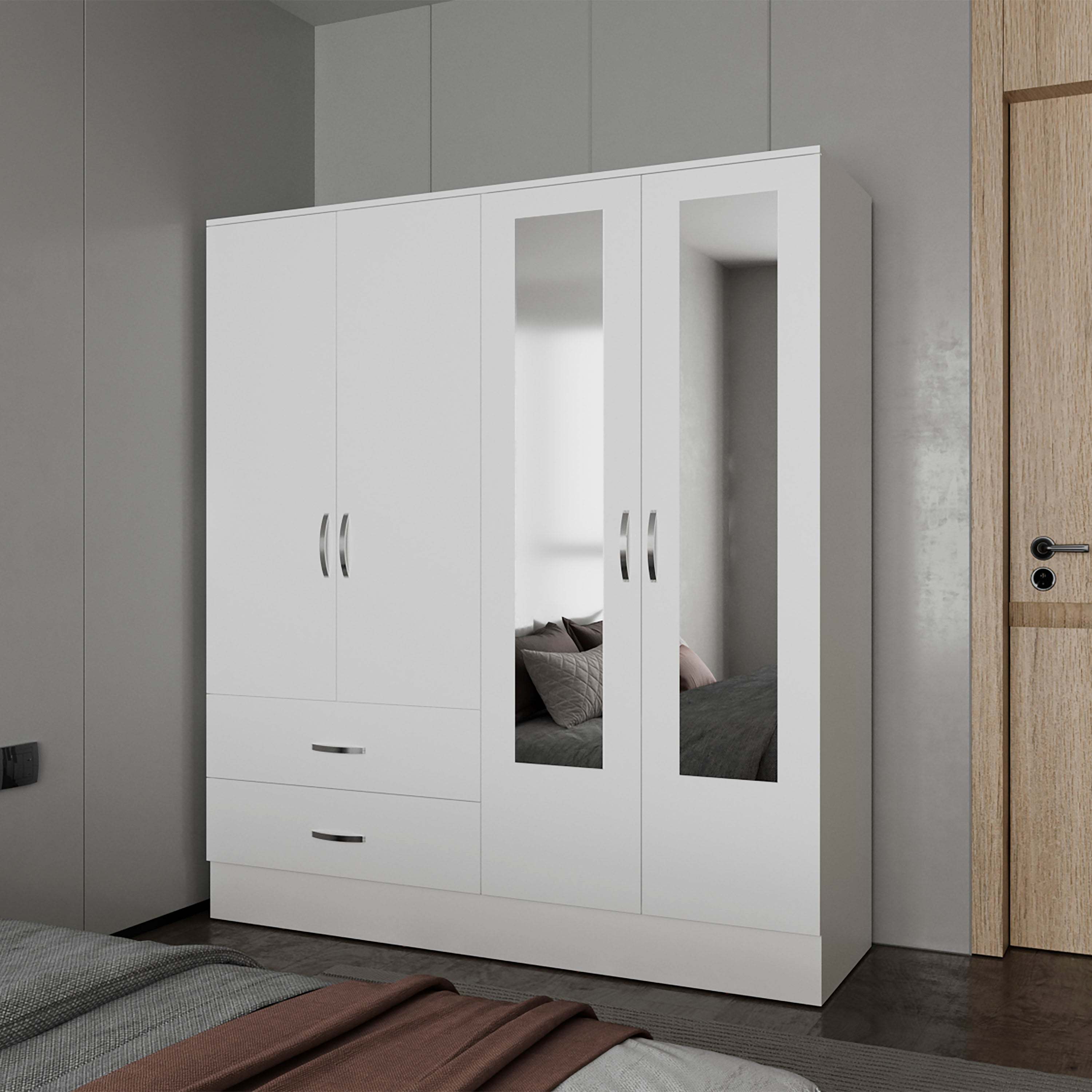 White Multistorage Wardrobe with 2 Mirrors - Space Saving Closet