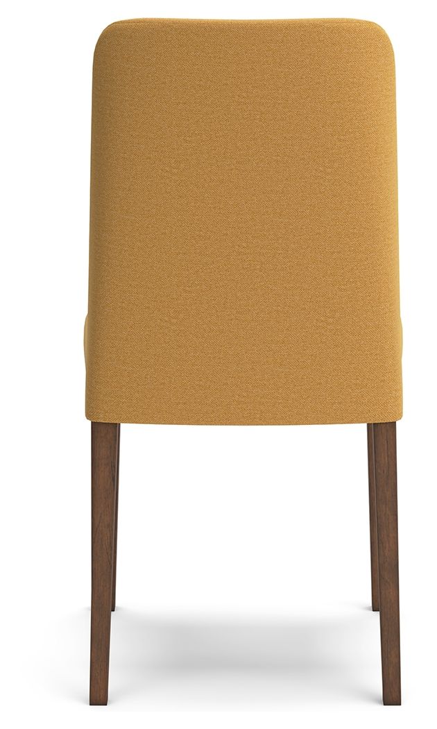 Yellow upholstered dining side chair with tall backrest and wooden legs