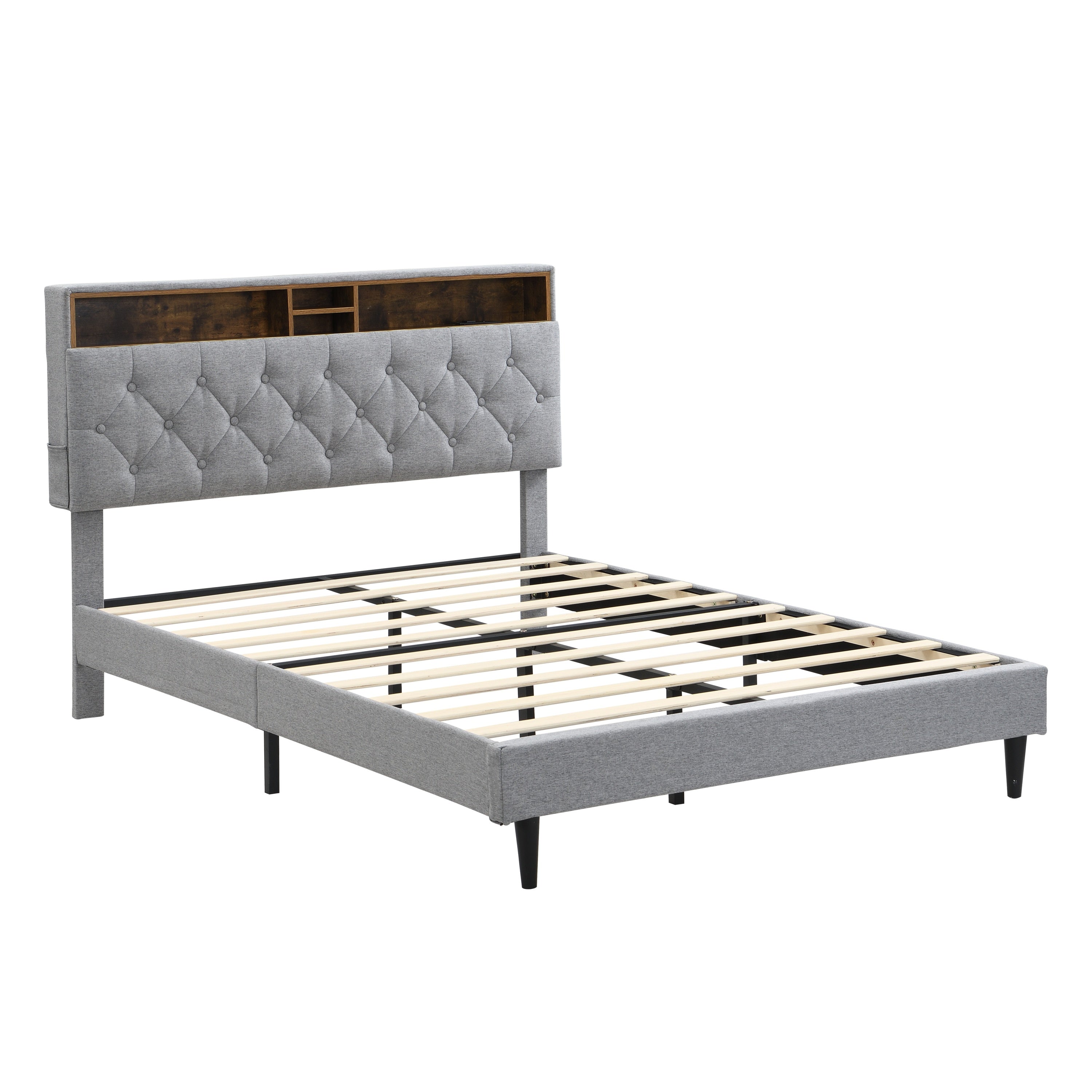 Grey Queen Platform Bed: Linen, USB, Button Tufted