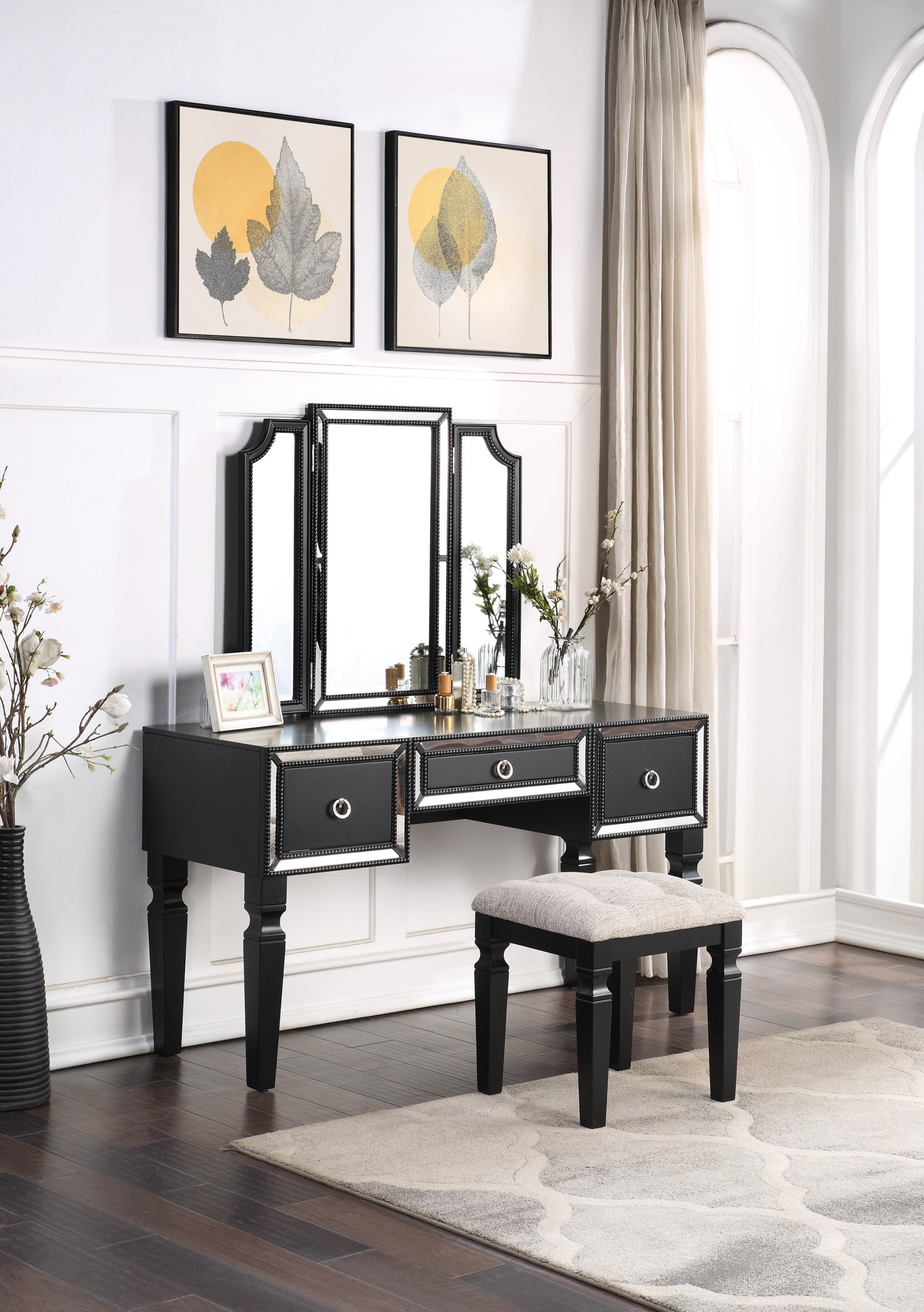 Classic Black Vanity Set w/ Stool, 3-Drawers & Tri-Fold Mirror