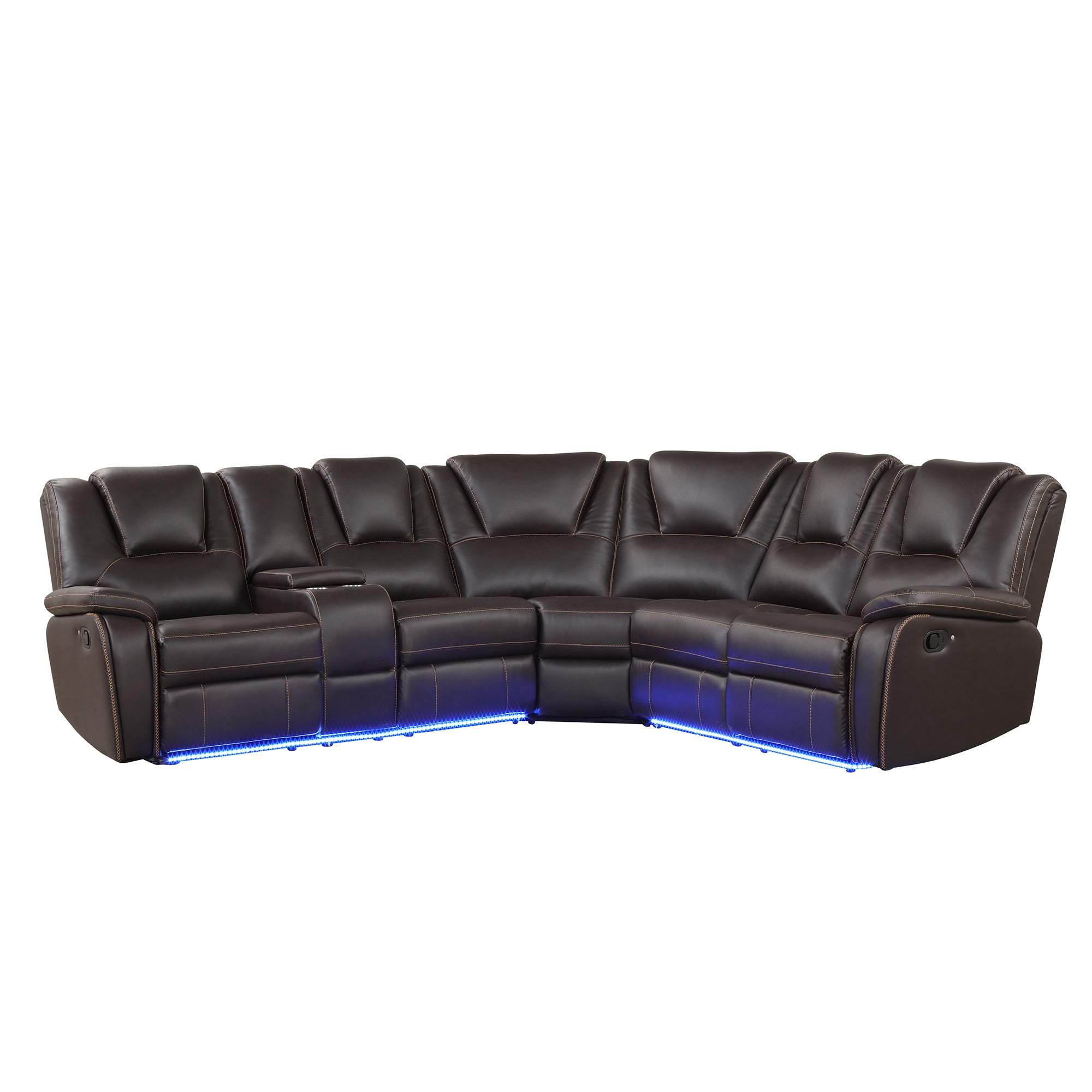 Modern Brown Faux Leather Reclining Sectional Sofa with LED