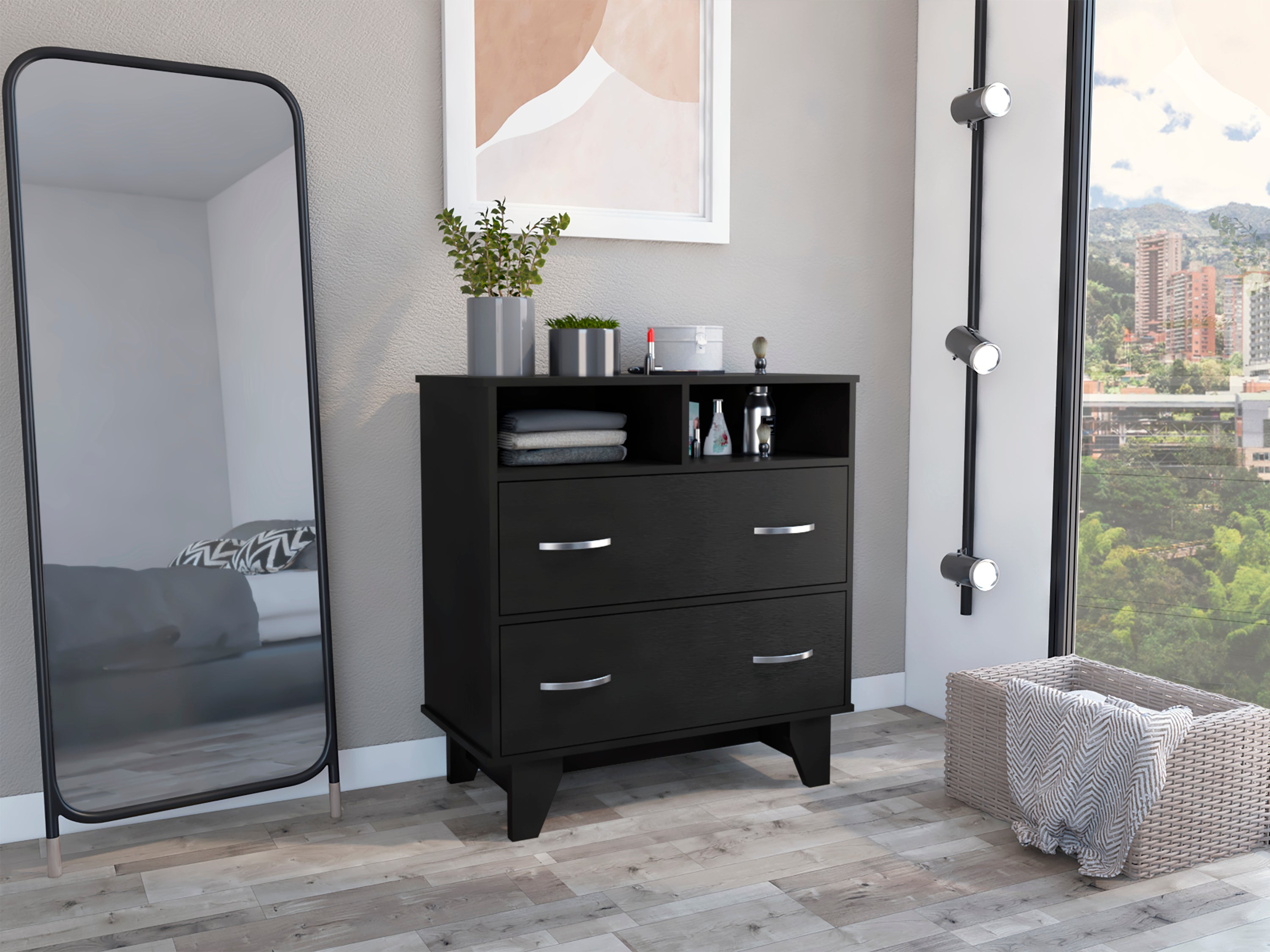 Portanova Black Dresser: 2 Drawers, 2 Shelves, Superior Top
