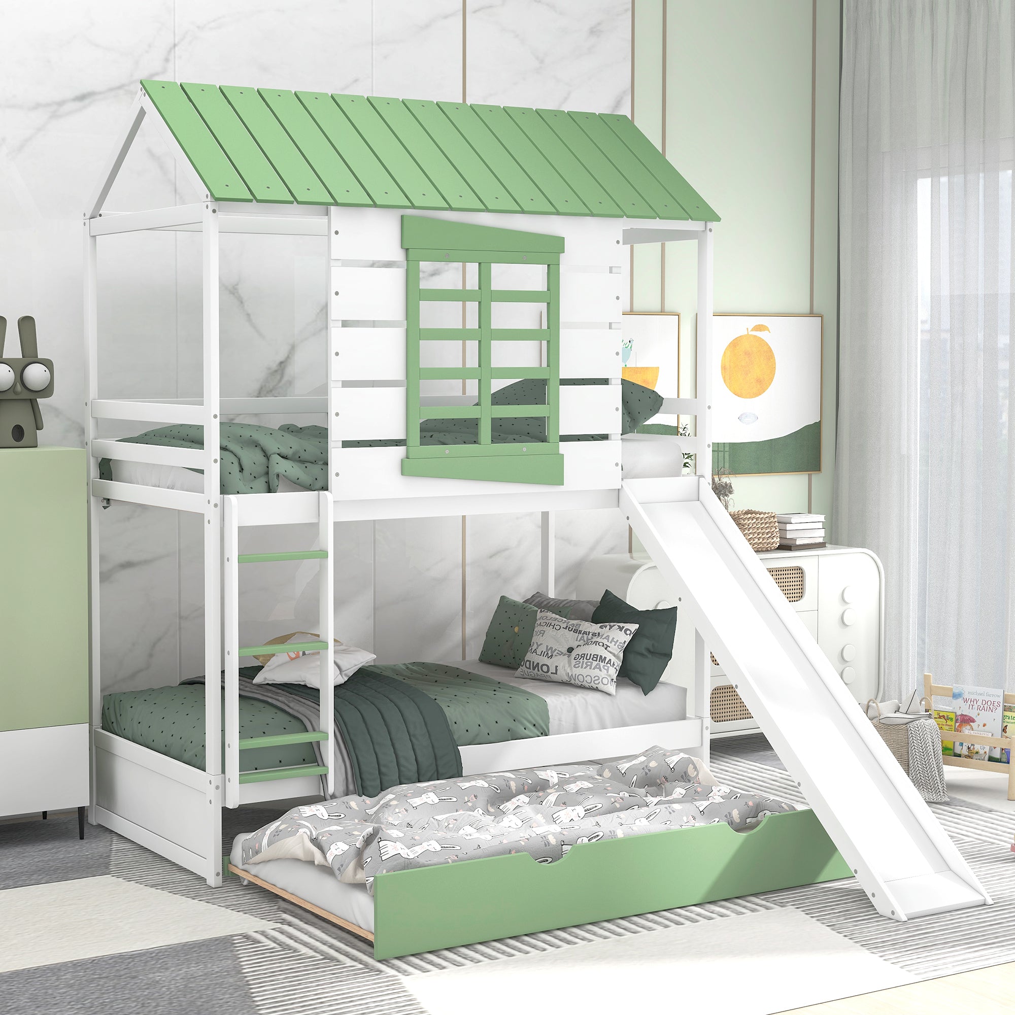 Twin over Twin House Bunk Bed: Slide & Trundle - White+Green