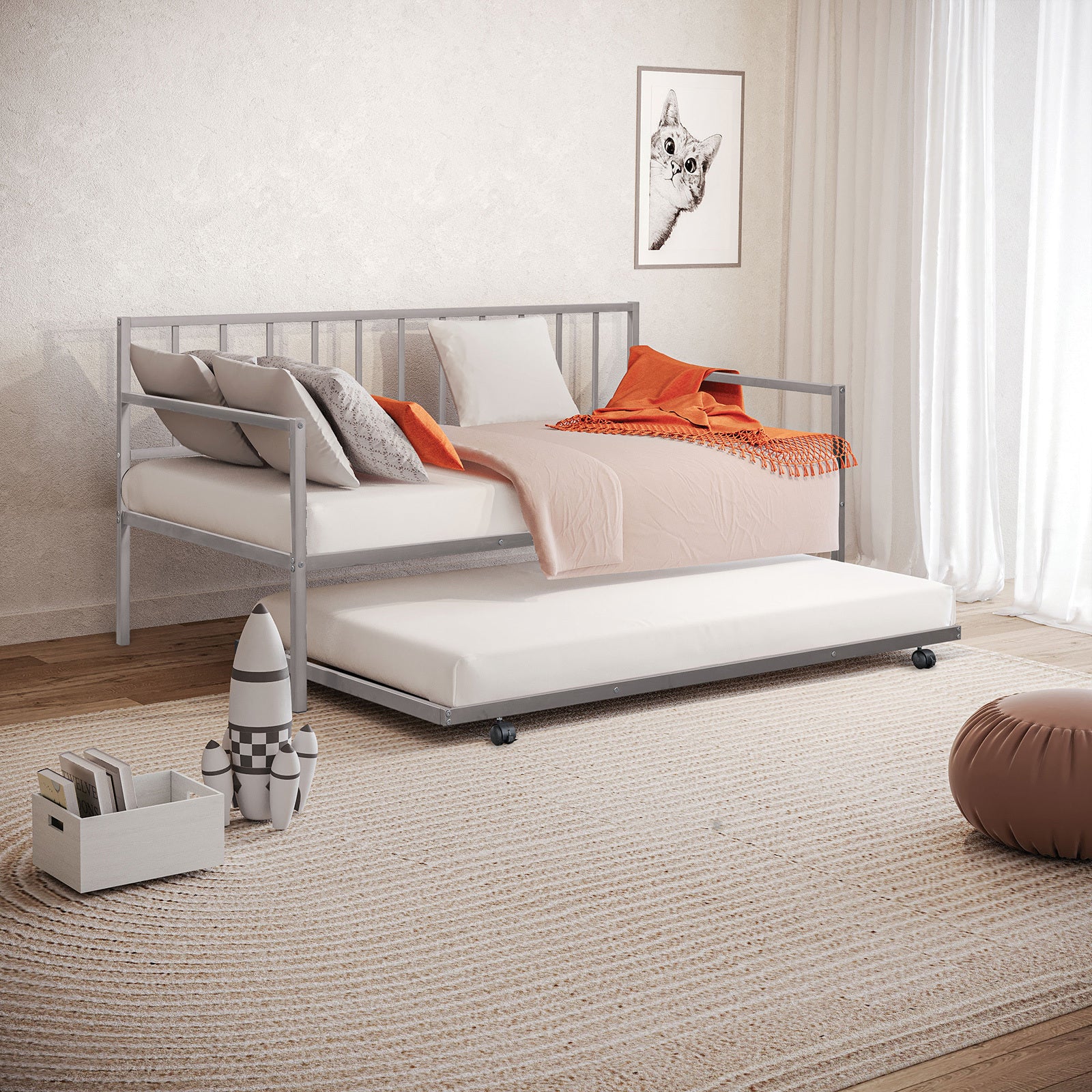 Twin Metal Daybed with Trundle | Silver | Contemporary | Mattress Ready