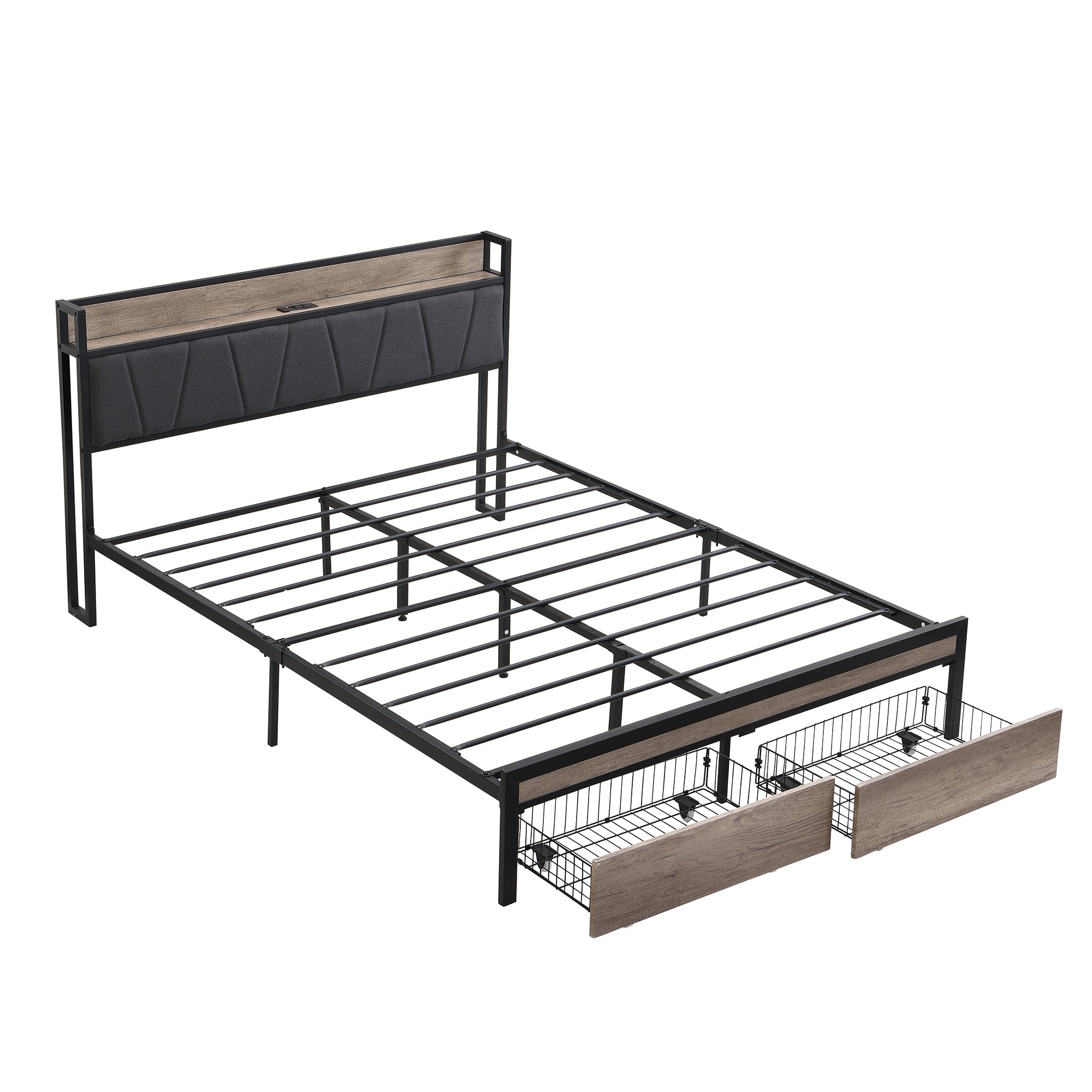 Modern Queen Metal Platform Bed w/Storage Headboard