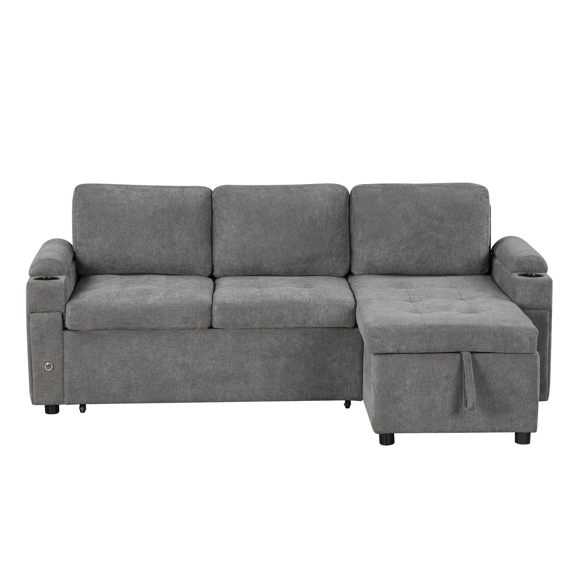 Modern L-Shape Sofa Bed w/ Storage, USB & Cup Holders Gray