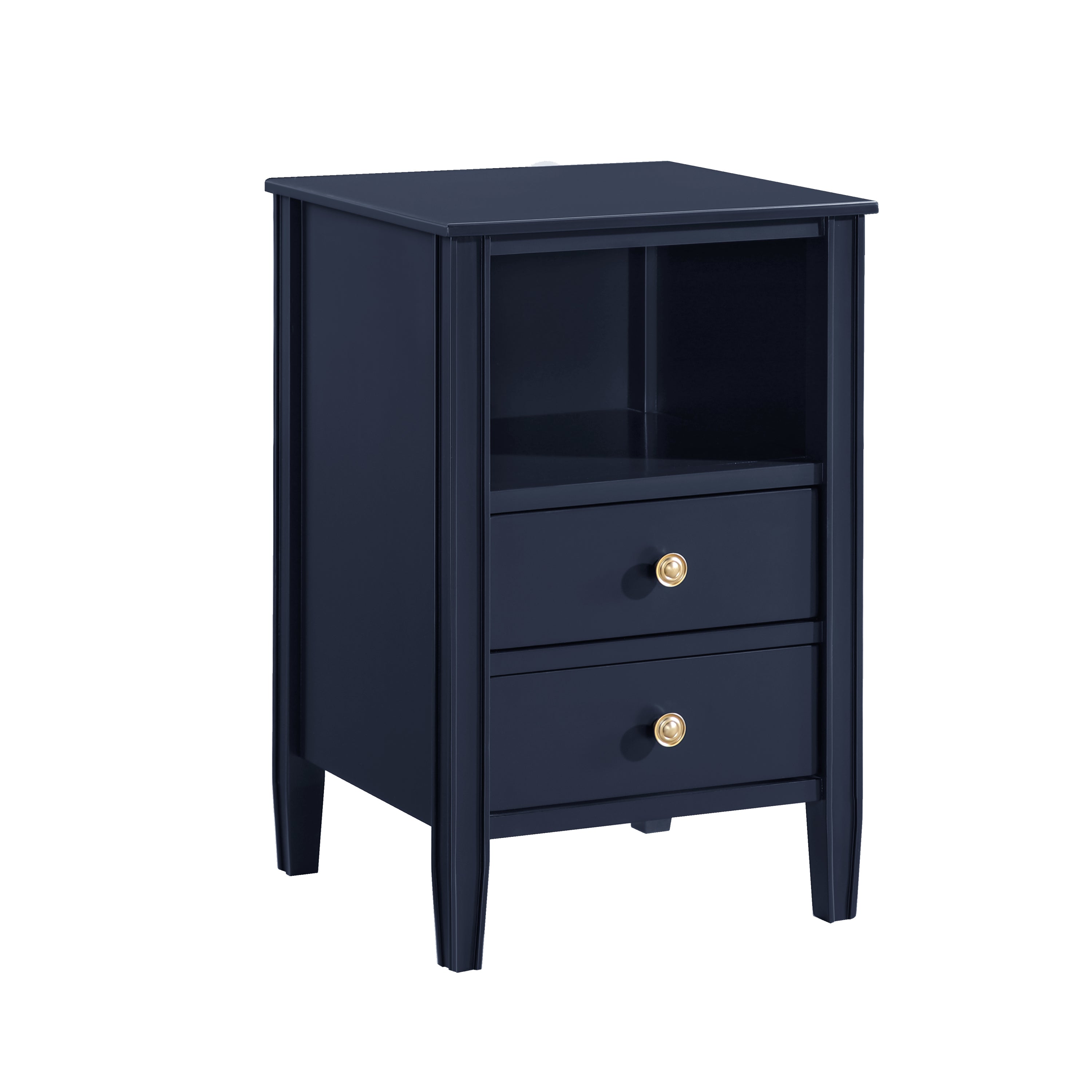 Winston 2-Drawer Nightstand: Midnight Blue, Gold Knobs, Fluted Legs