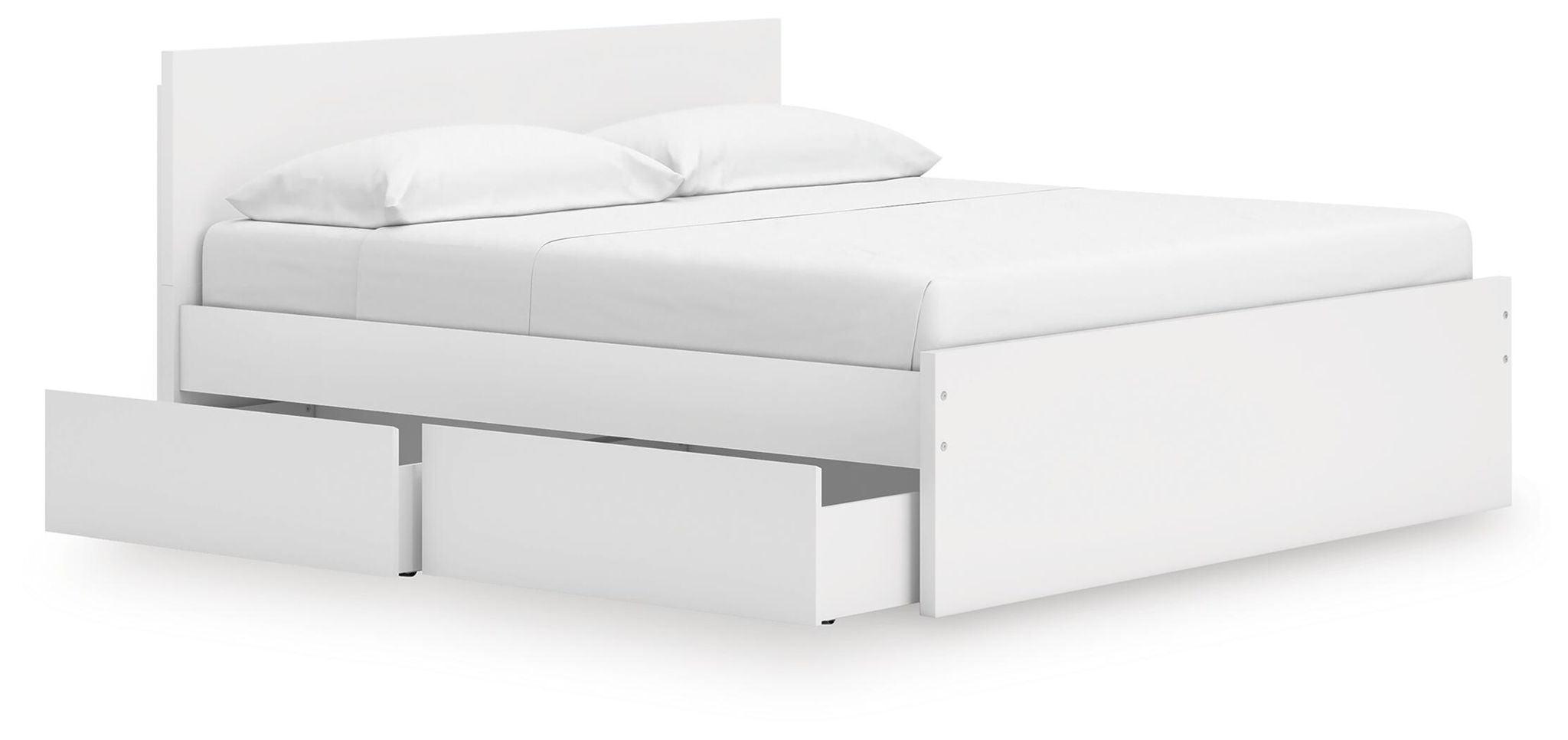 White panel platform bed with two front storage drawers and slat base
